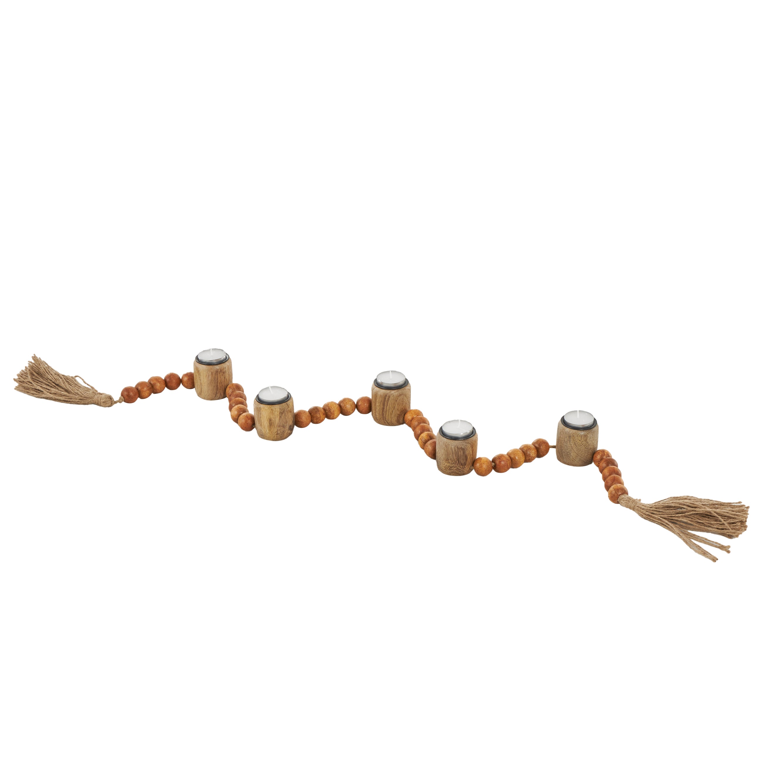 Mango Wood Garland Decorative Candle Holder with Tassel