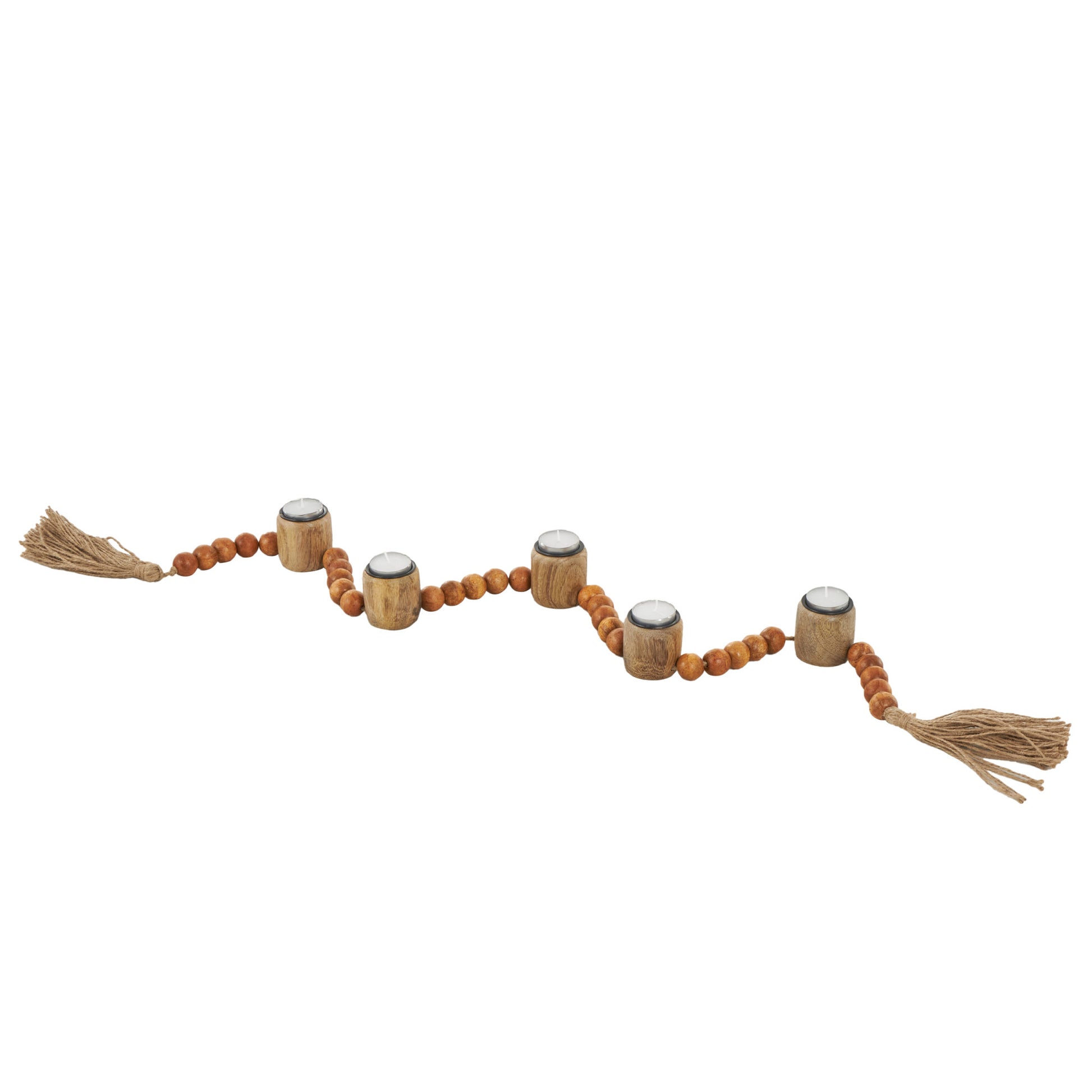 Mango Wood Garland Decorative Candle Holder with Tassel