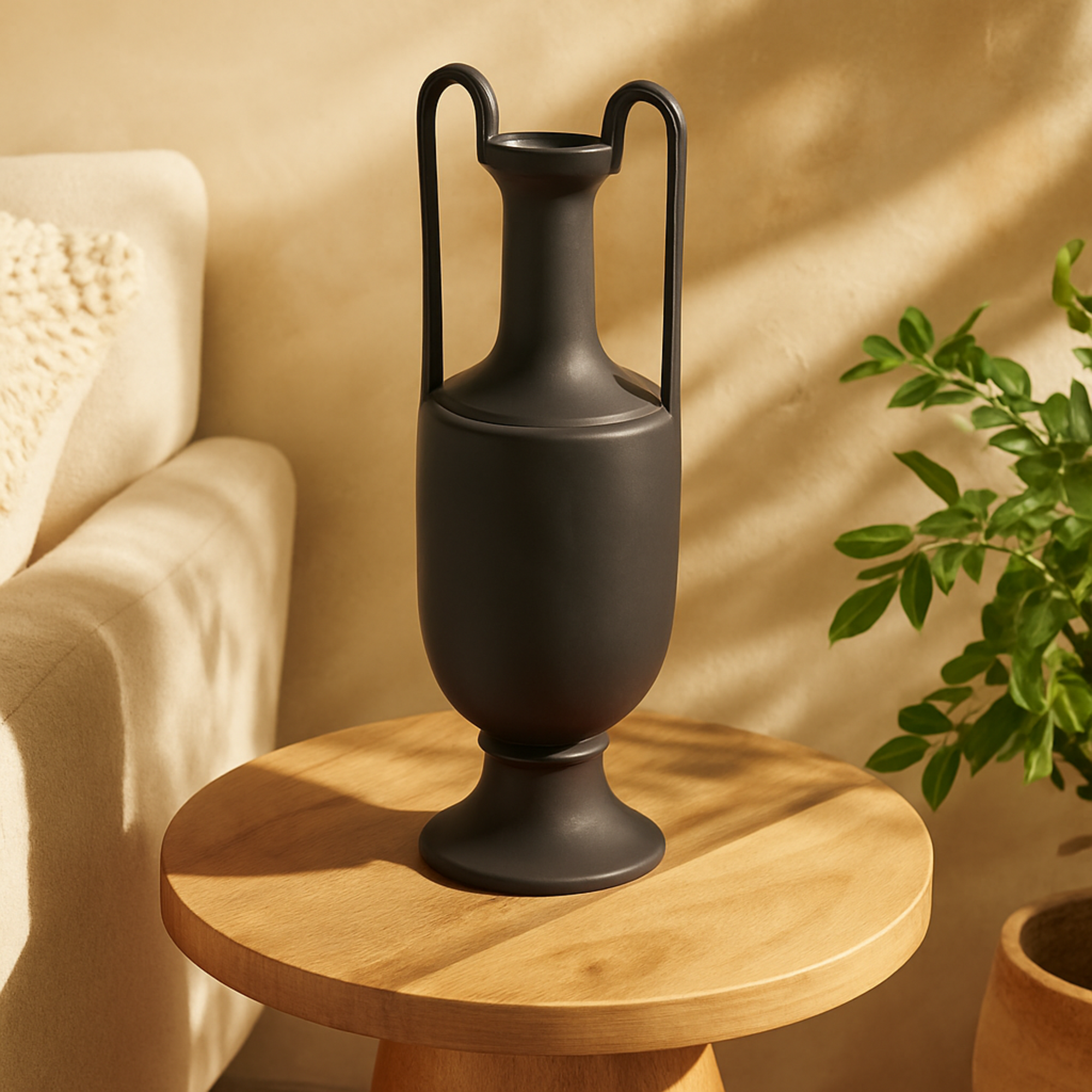 Ceramic Fluted Urn Shaped Decorative Vase with Arch Handles