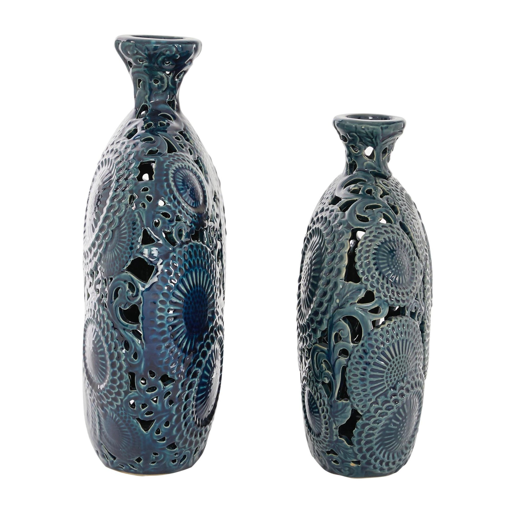 Set of 2 Floral Blue Ceramic Decorative Vase with Cut Out Patterns