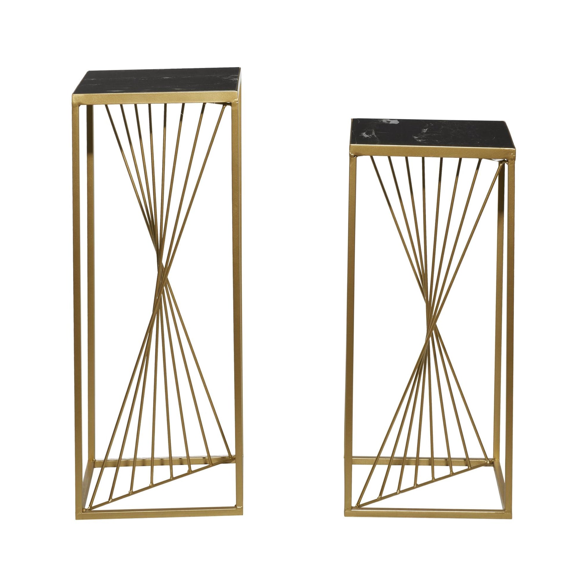 Set of 2 Geometric Gold Metal Side End Pedestal Table with Black Marble Top