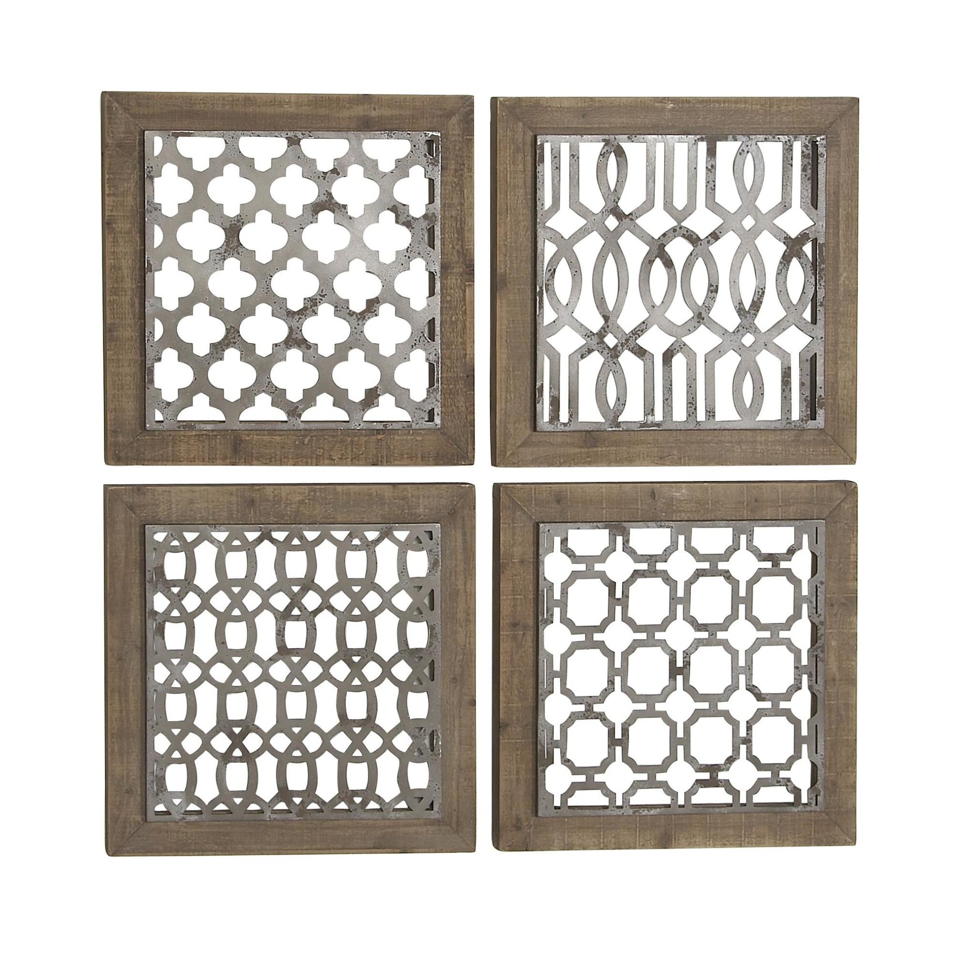 Set of 4 Geometric Brown Wood Home Wall Decor with Silver Metal Trellis Cutouts