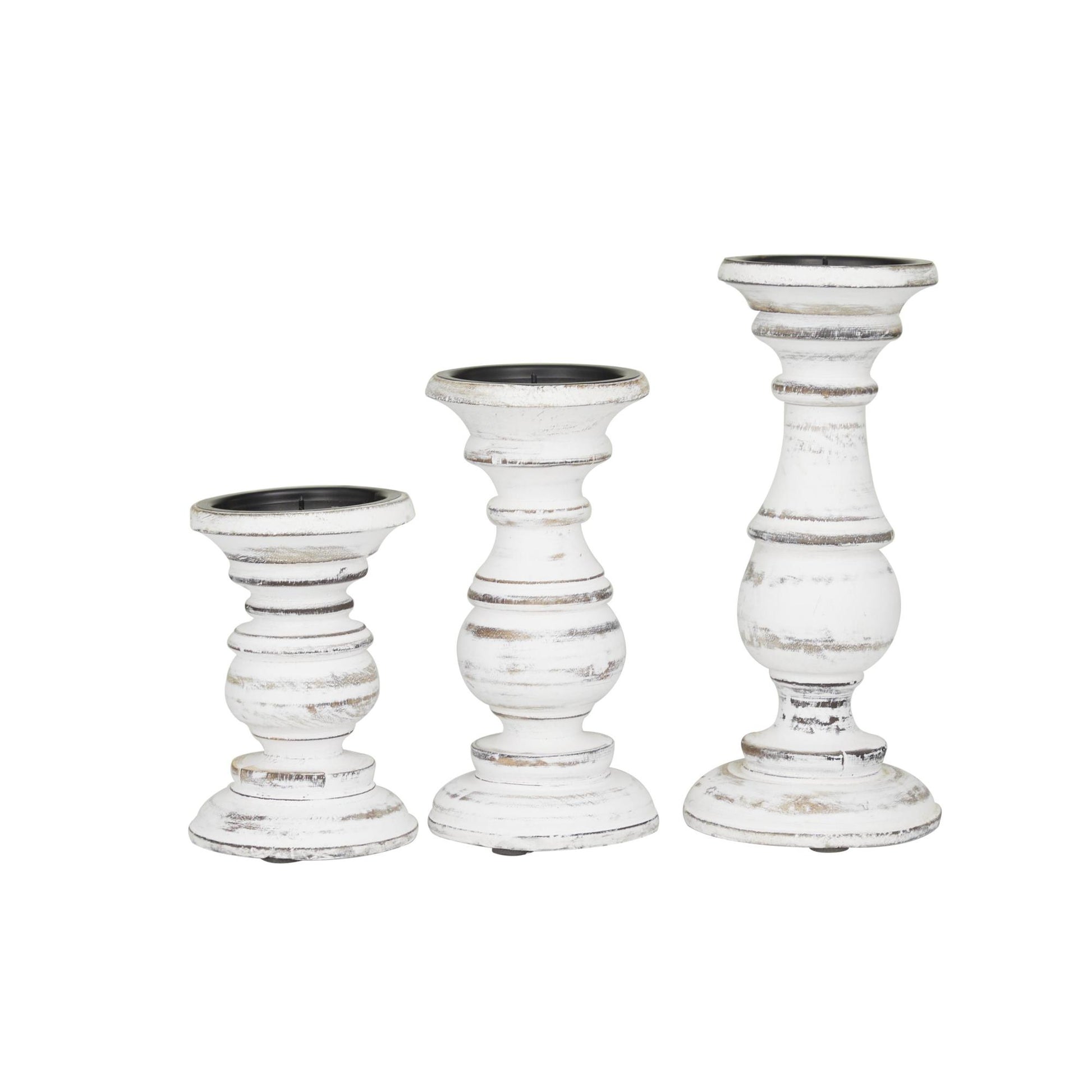 Set of 3 Mango Wood Distressed Turned Pillar Decorative Candle Holder