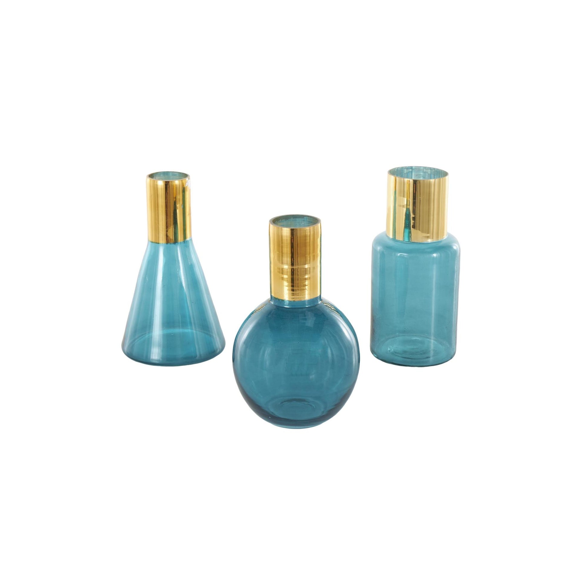 Set of 3 Geometric Glass Tinted Decorative Vase with Gold Rim and Varying Shapes
