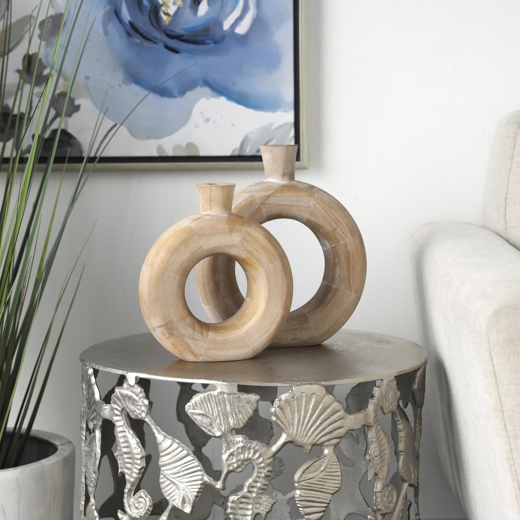 Set of 2 Brown Wood Circular Decorative Vase with Cutout Center