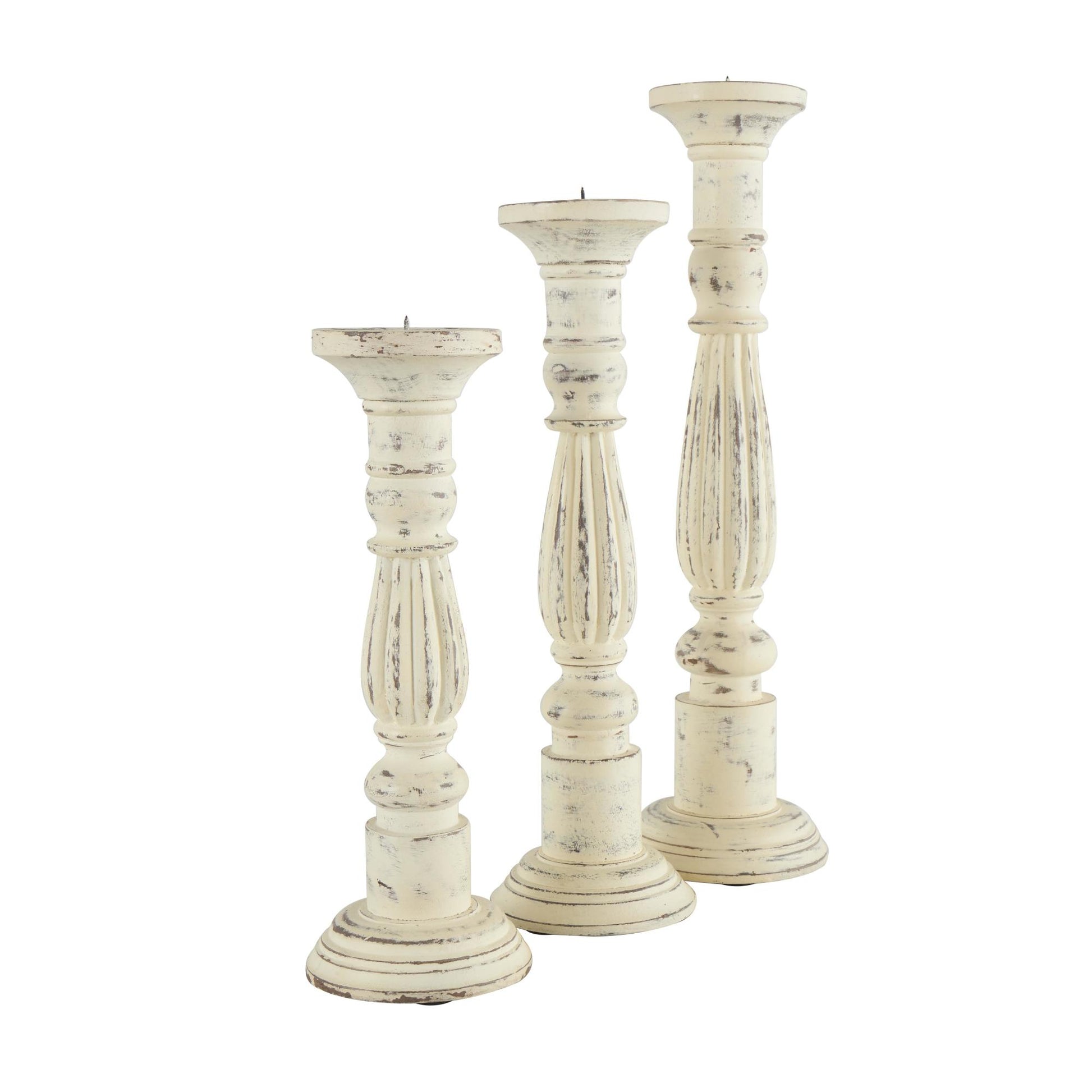 Set of 3 White Mango Wood Tall Distressed Turned Decorative Candle Holder