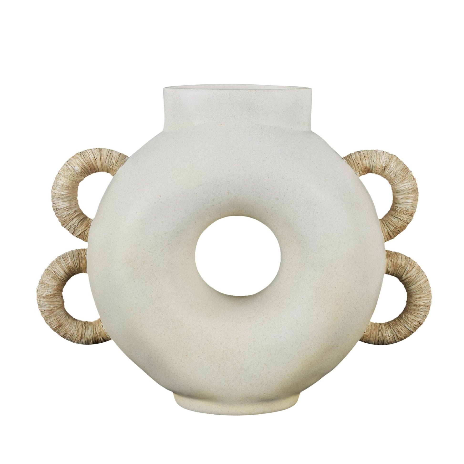 Geometric Cream Resin Round Speckled Decorative Vase with Woven Inspired Arched Handles and Cutout Opening