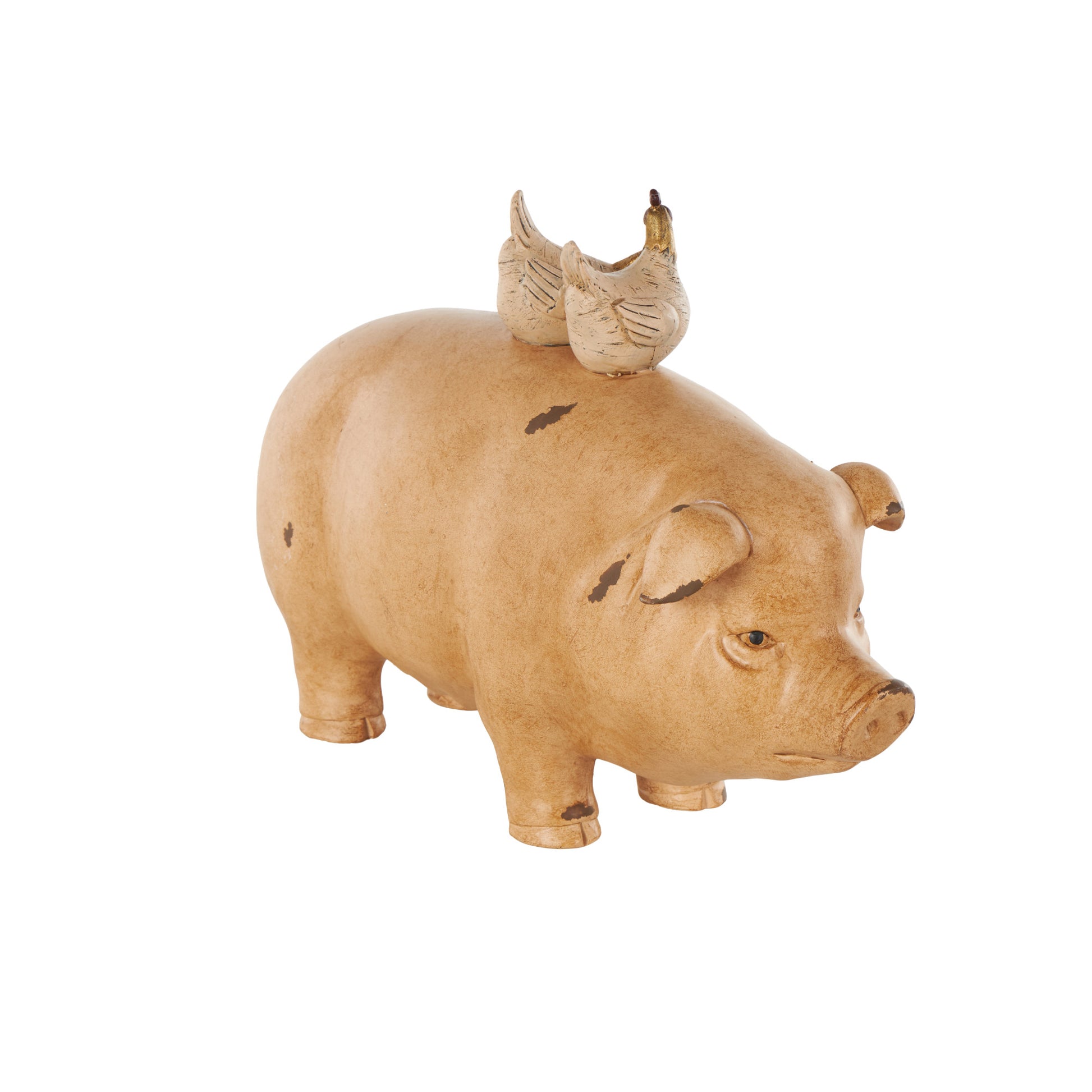 Pig Light Brown Resin Decorative Sculpture with Roosters and Chicks