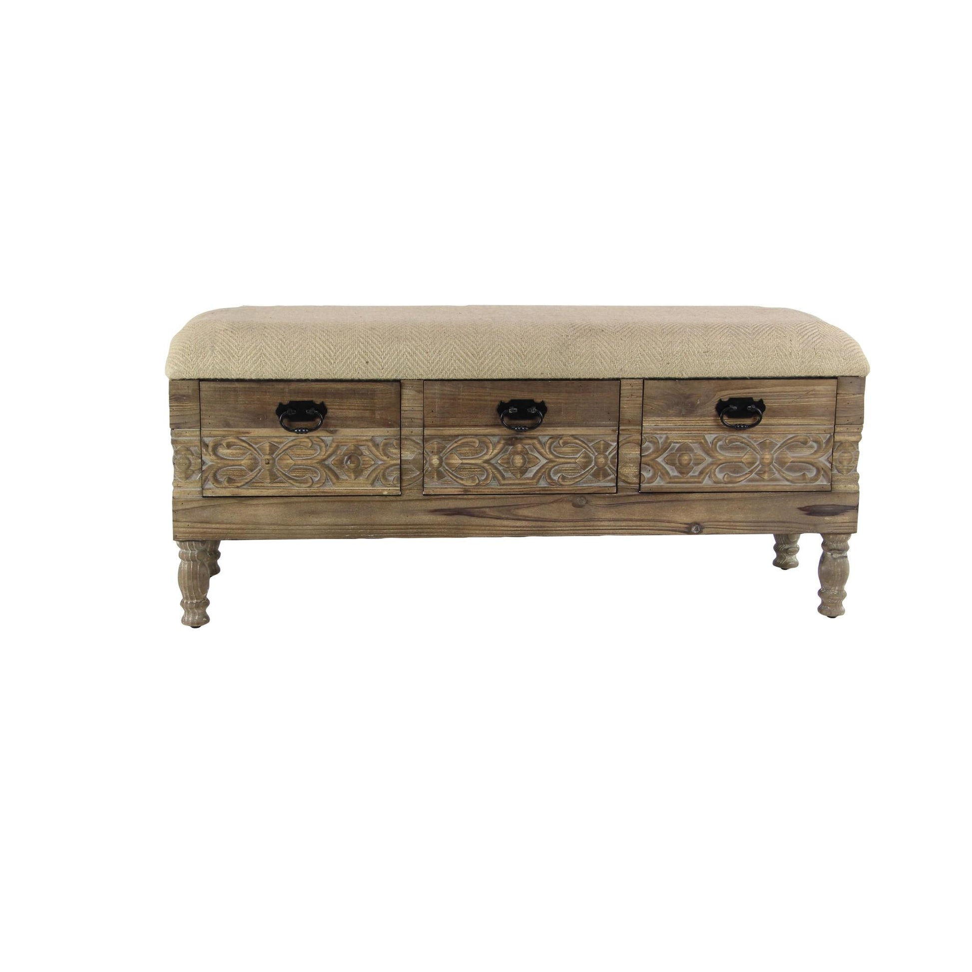 Floral Brown Wood Intricately Carved Room Storage Bench with Cream Burlap Top