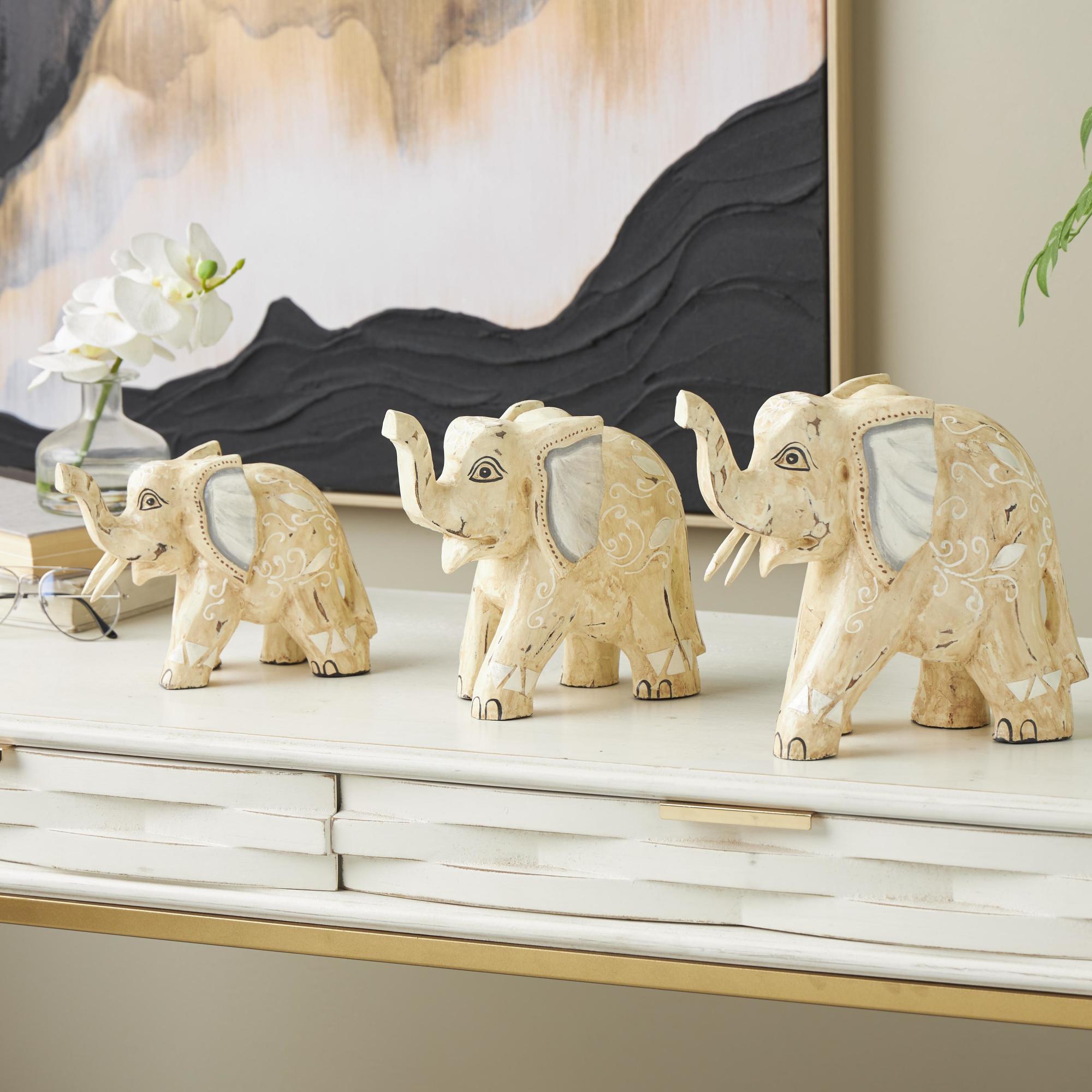 Set of 3 Elephant Light Brown Wood Handmade Decorative Sculpture with Scroll and Floral Patterns