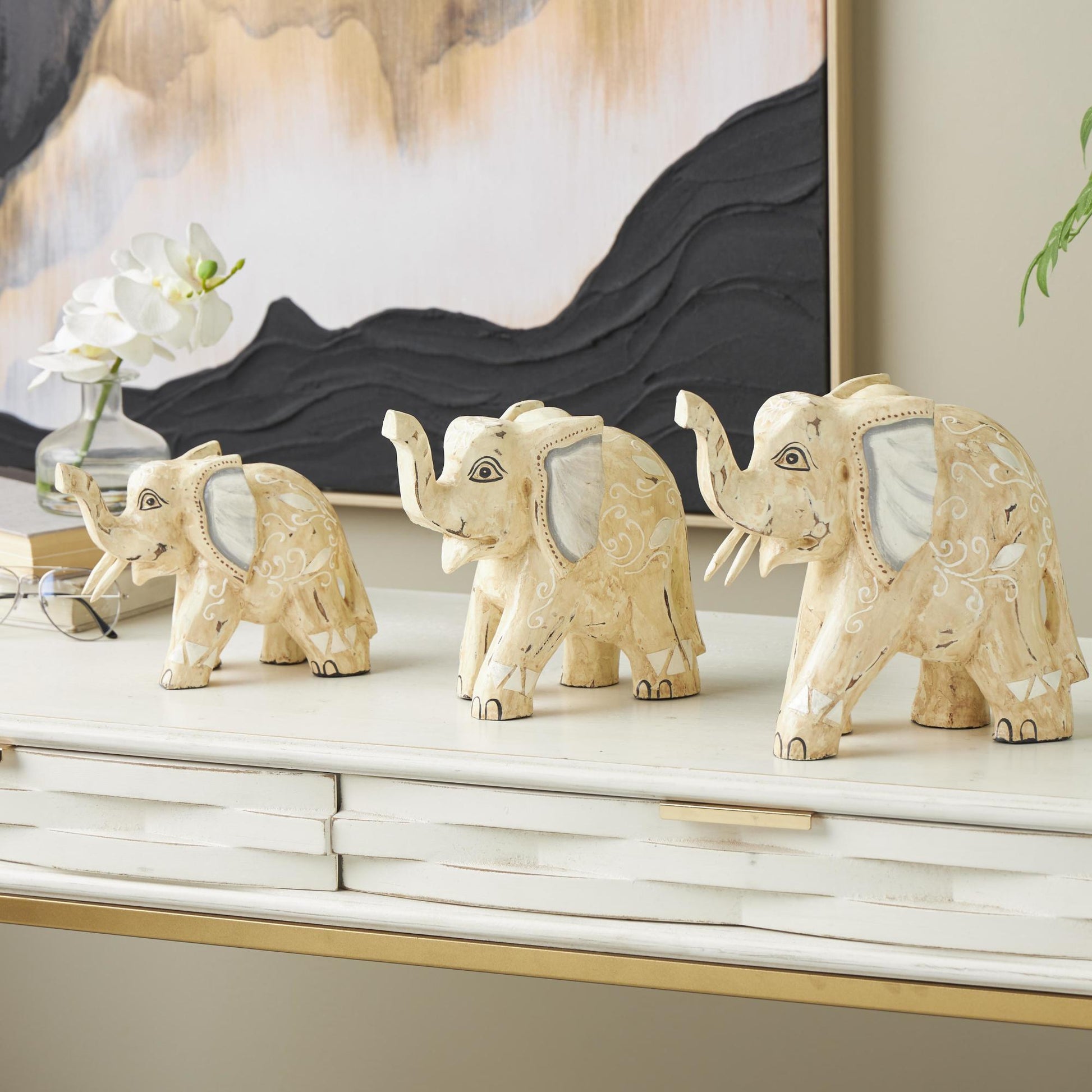 Set of 3 Elephant Light Brown Wood Handmade Decorative Sculpture with Scroll and Floral Patterns