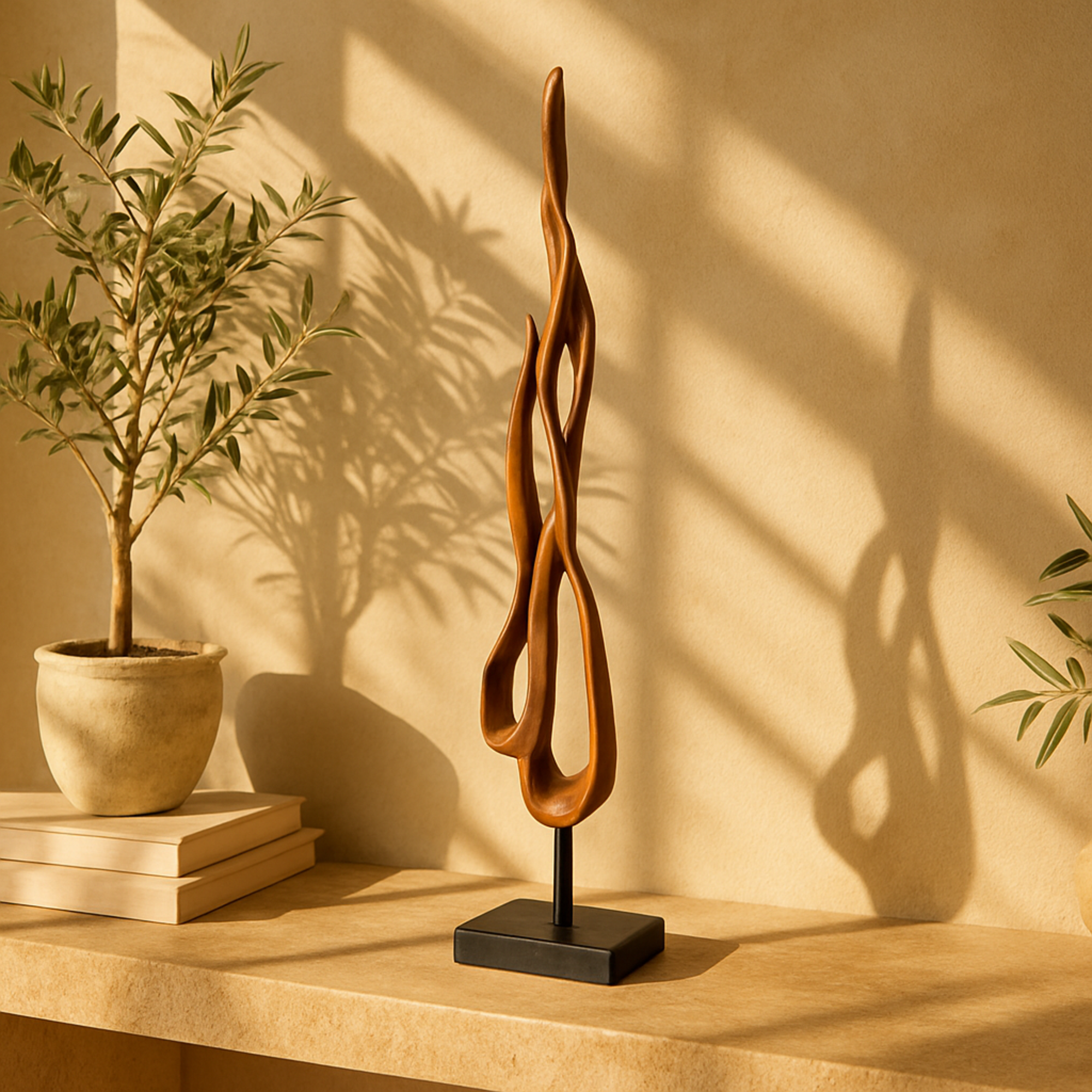 Abstract Bronze Polystone Abstract Decorative Sculpture with Rectangle Black Base