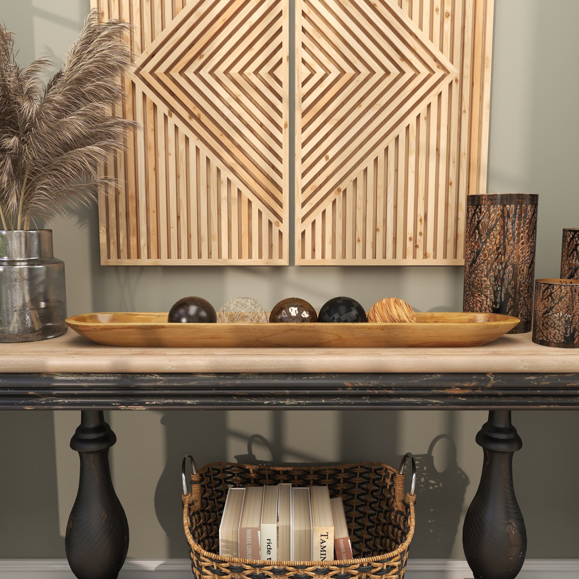 Brown Teak Wood Handmade Long Slim Live Edge Living Room Decor Tray