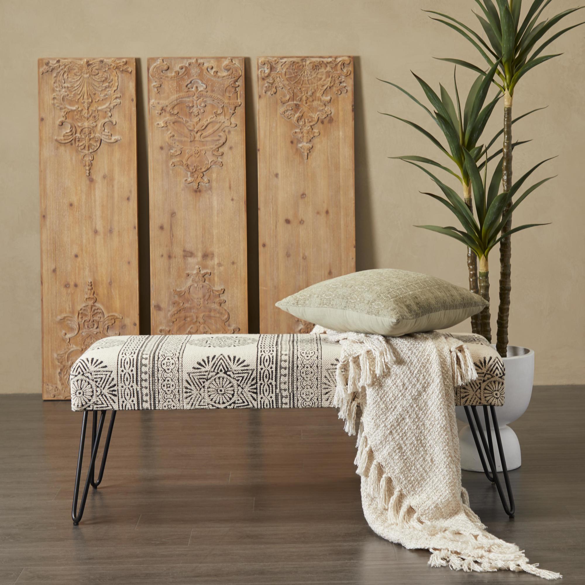 Tribal Cotton Fabric Home Bench with Metal Hairpin Legs