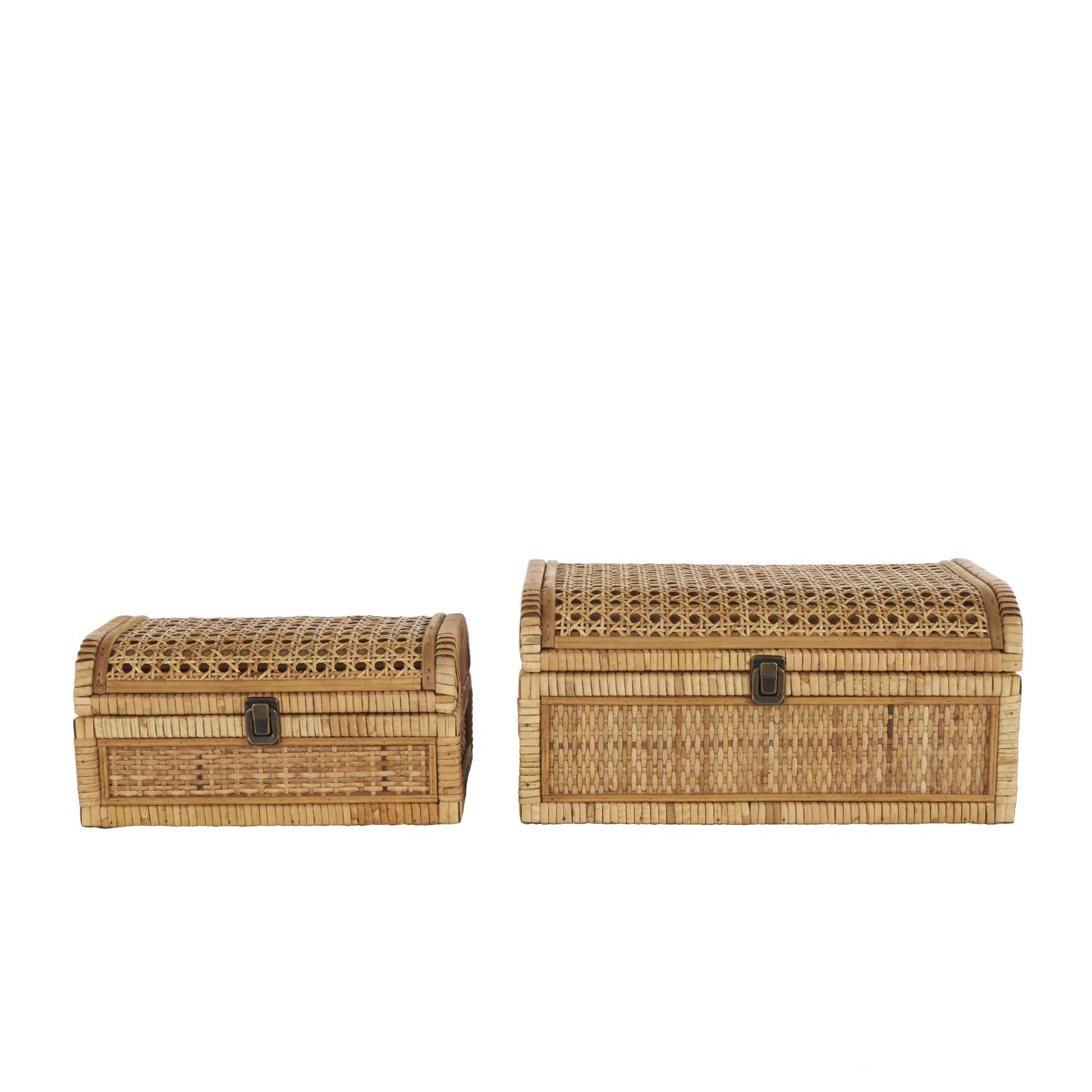 Set of 2 Brown Rattan Handmade Woven Storage Decorative Box with Curved Tops and Wrapped Edges