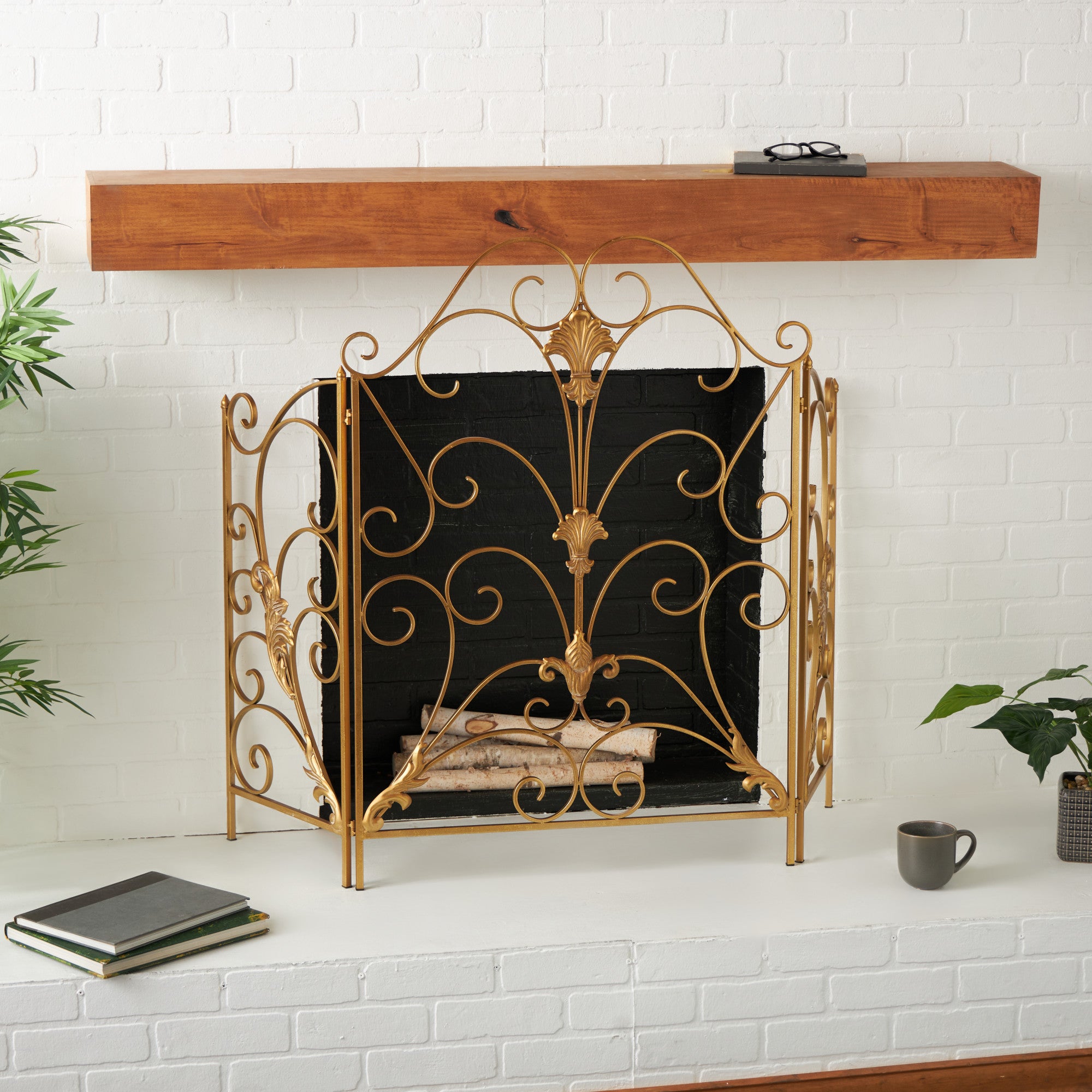 Scroll Gold Metal Foldable 3 Panel Living Room Fireplace Screen with Fleur De Lis Accents