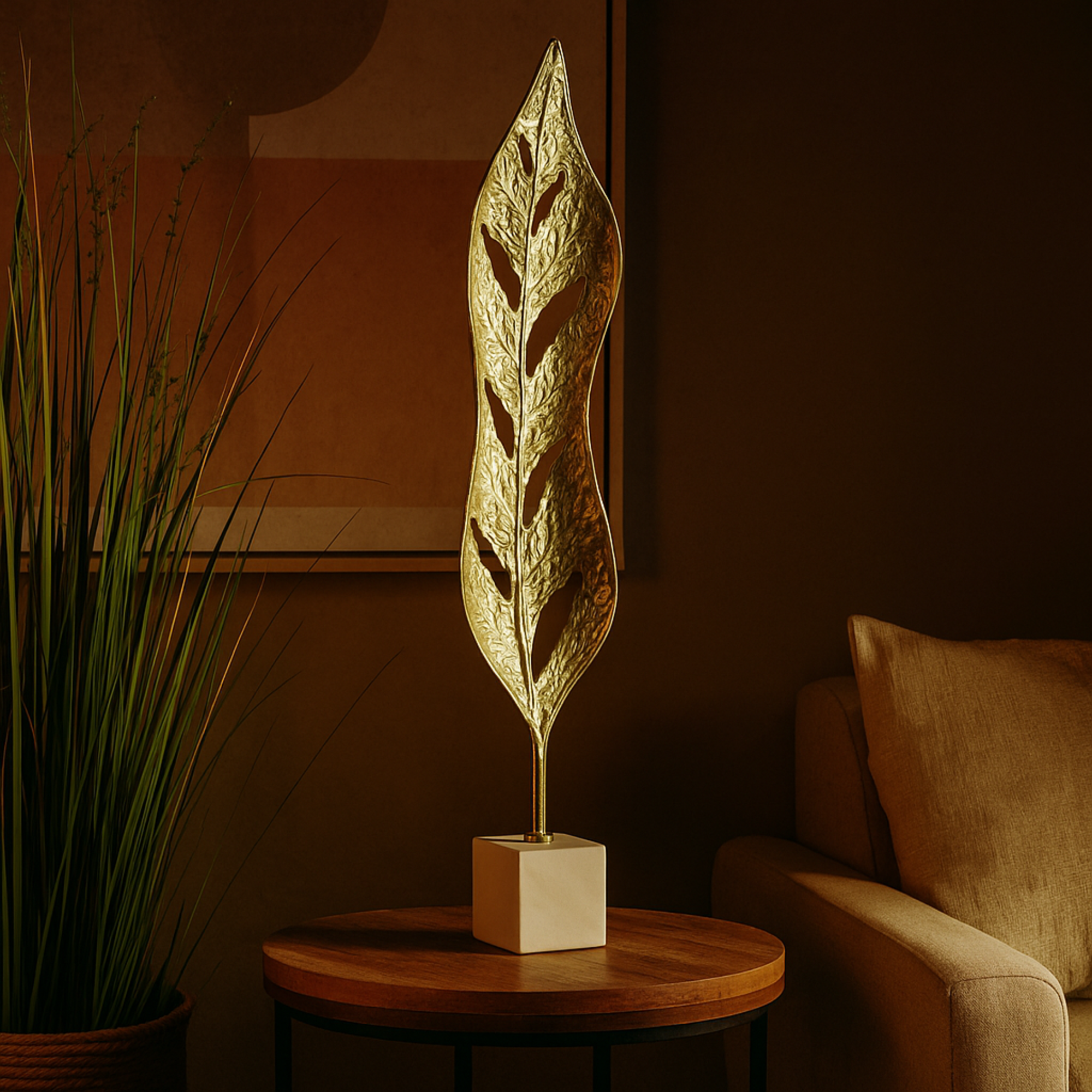 Leaf Gold Aluminum Metal Tall Textured Cutout Decorative Sculpture with White Marble Base