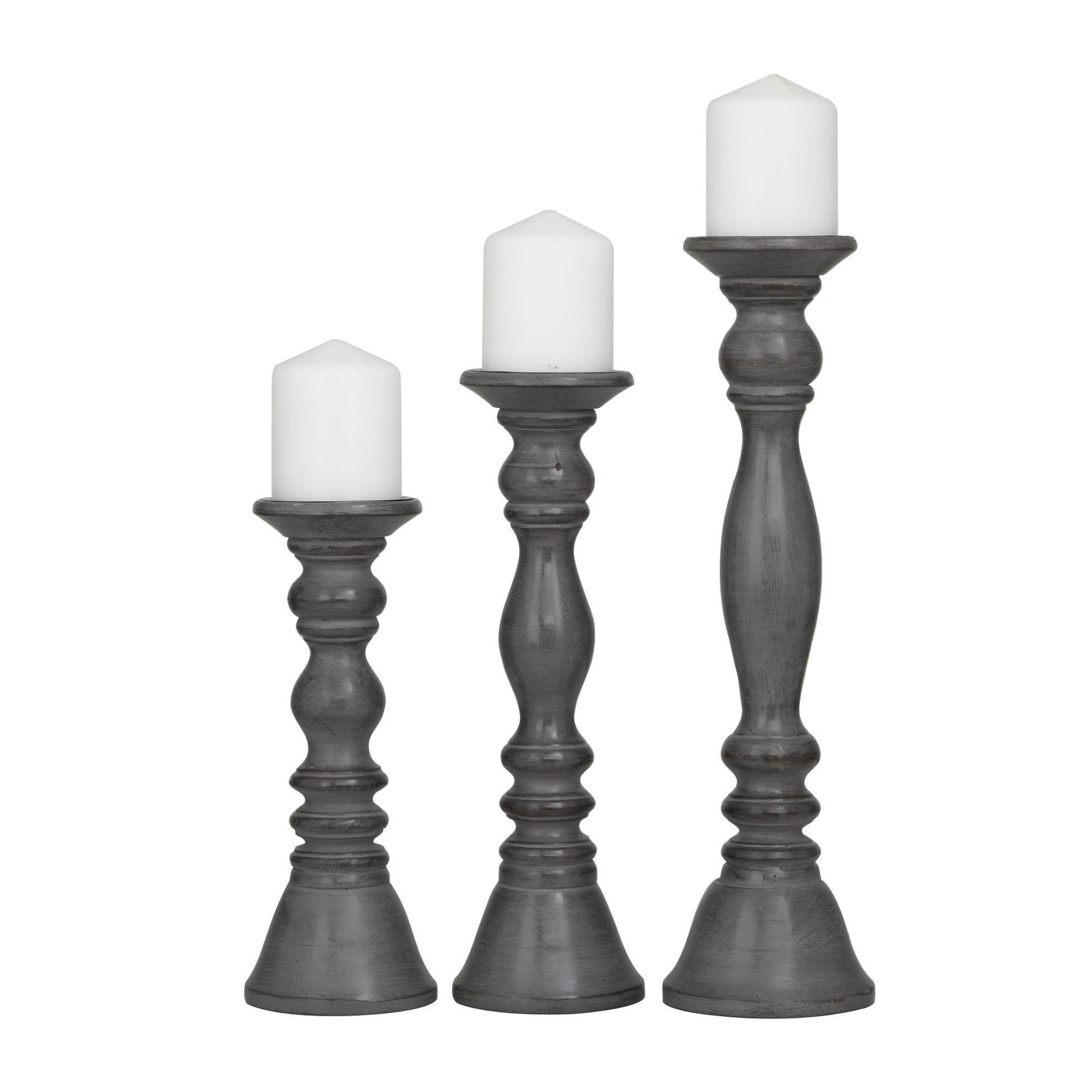 Set of 3 Wood Turned Style Pillar Decorative Candle Holder