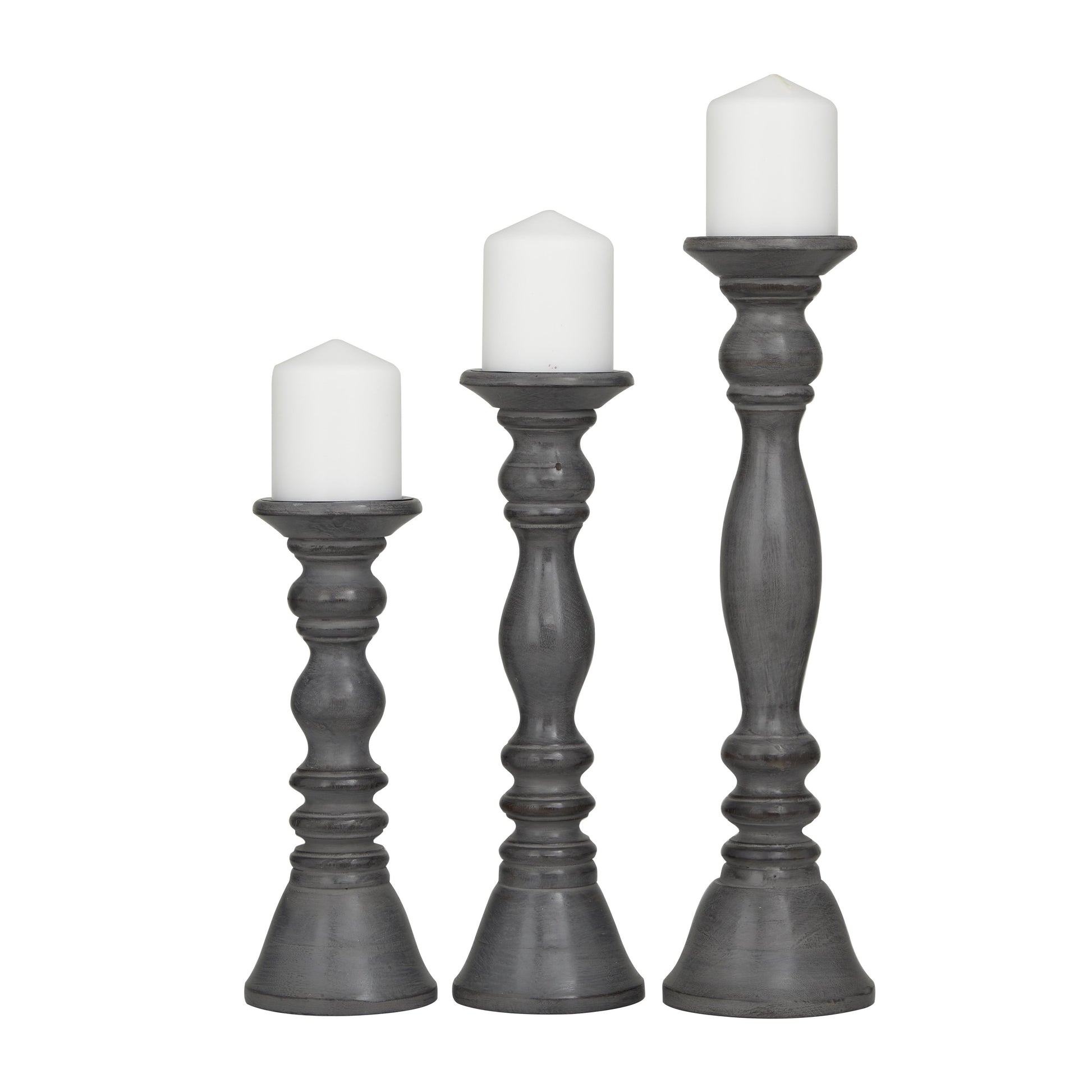Set of 3 Wood Turned Style Pillar Decorative Candle Holder