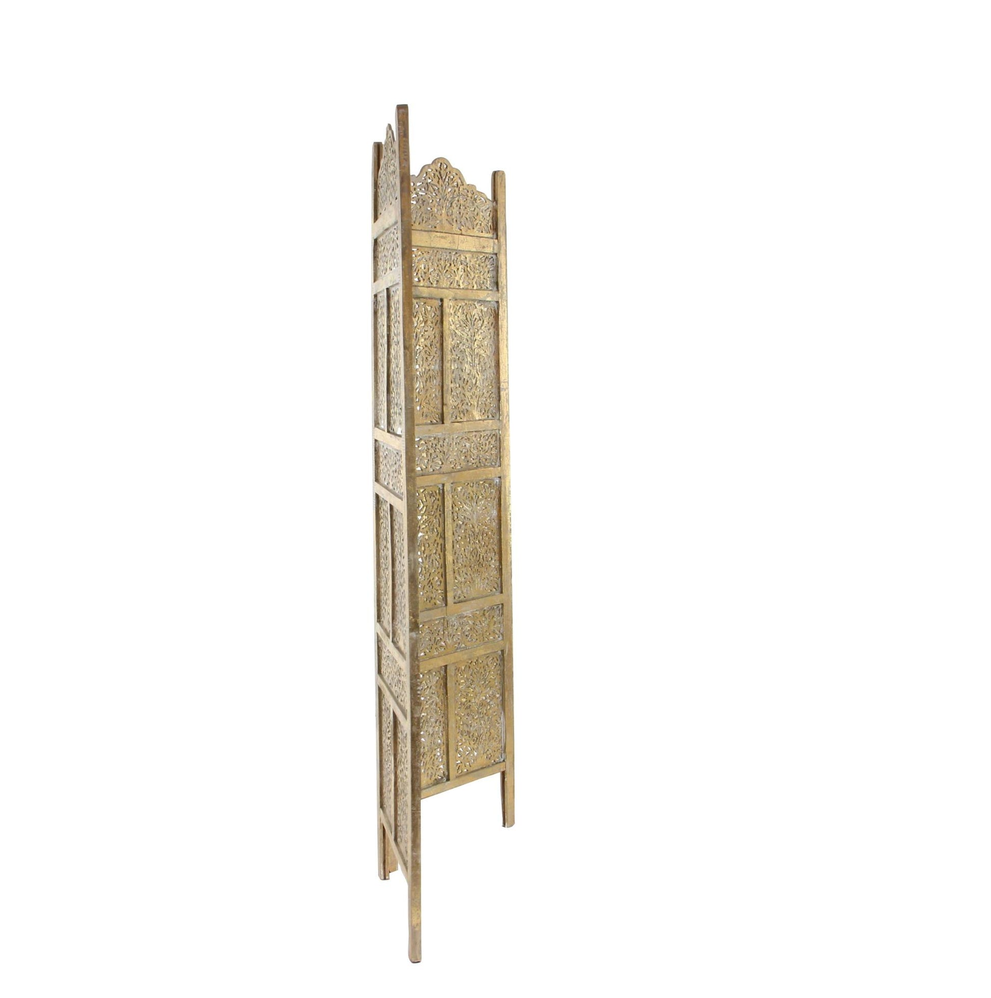 Floral Gold Wooden Handmade Foldable Partition 4 Panel Partition Room Divider Screen with Carved Designs