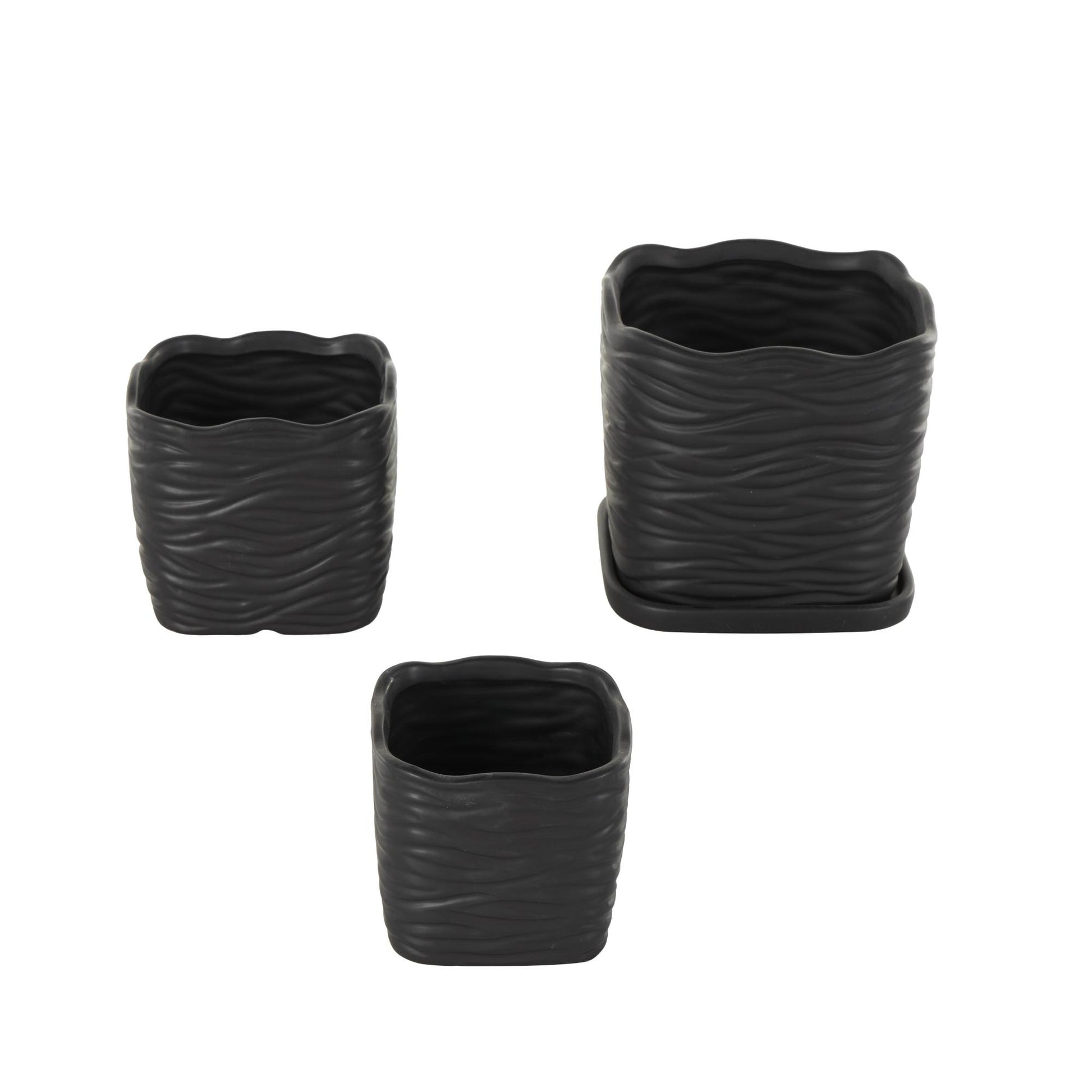 Set of 3 Ceramic Wavy Ribbed Indoor Outdoor Planter with Attached Saucer