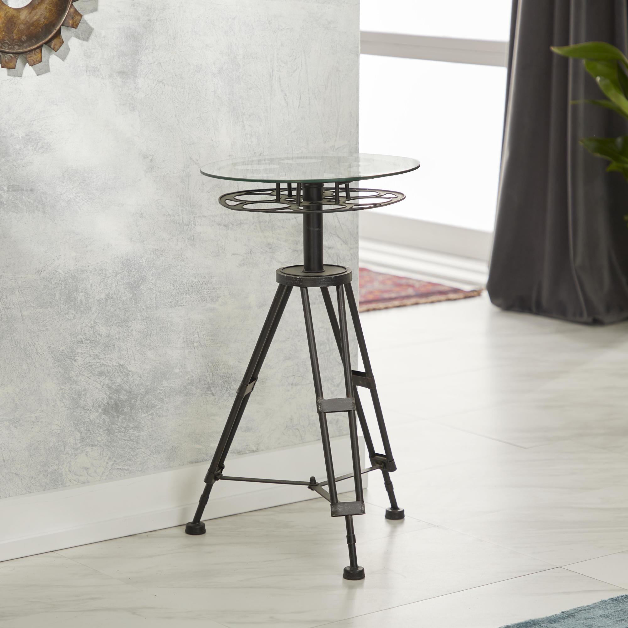 Film Black Metal Reel Side End Accent Table with Tripod Legs and Glass Top
