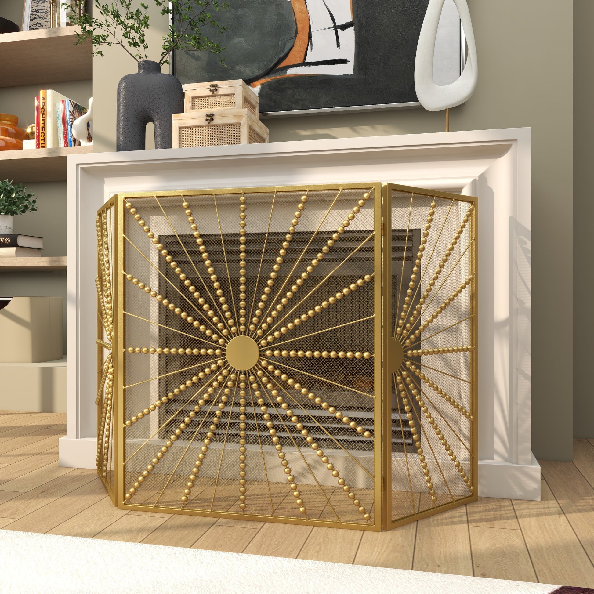 Starburst Gold Metal 3 Panel Living Room Fireplace Screen with Beaded Rays