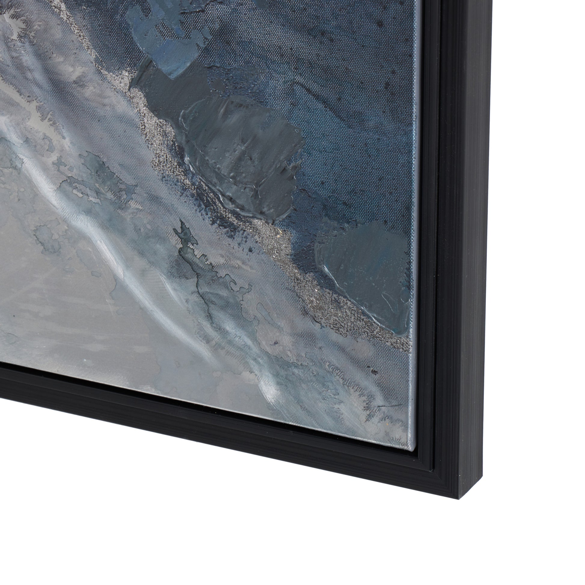 Abstract Blue Canvas Living Room Framed Wall Art with Silver Foil Accents and Black Frame