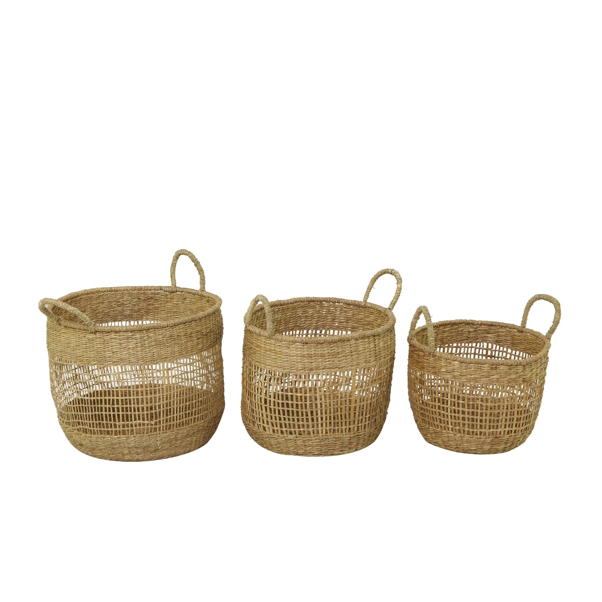 Set of 3 Brown Seagrass Handmade Decorative and Functional Storage Basket with Handles