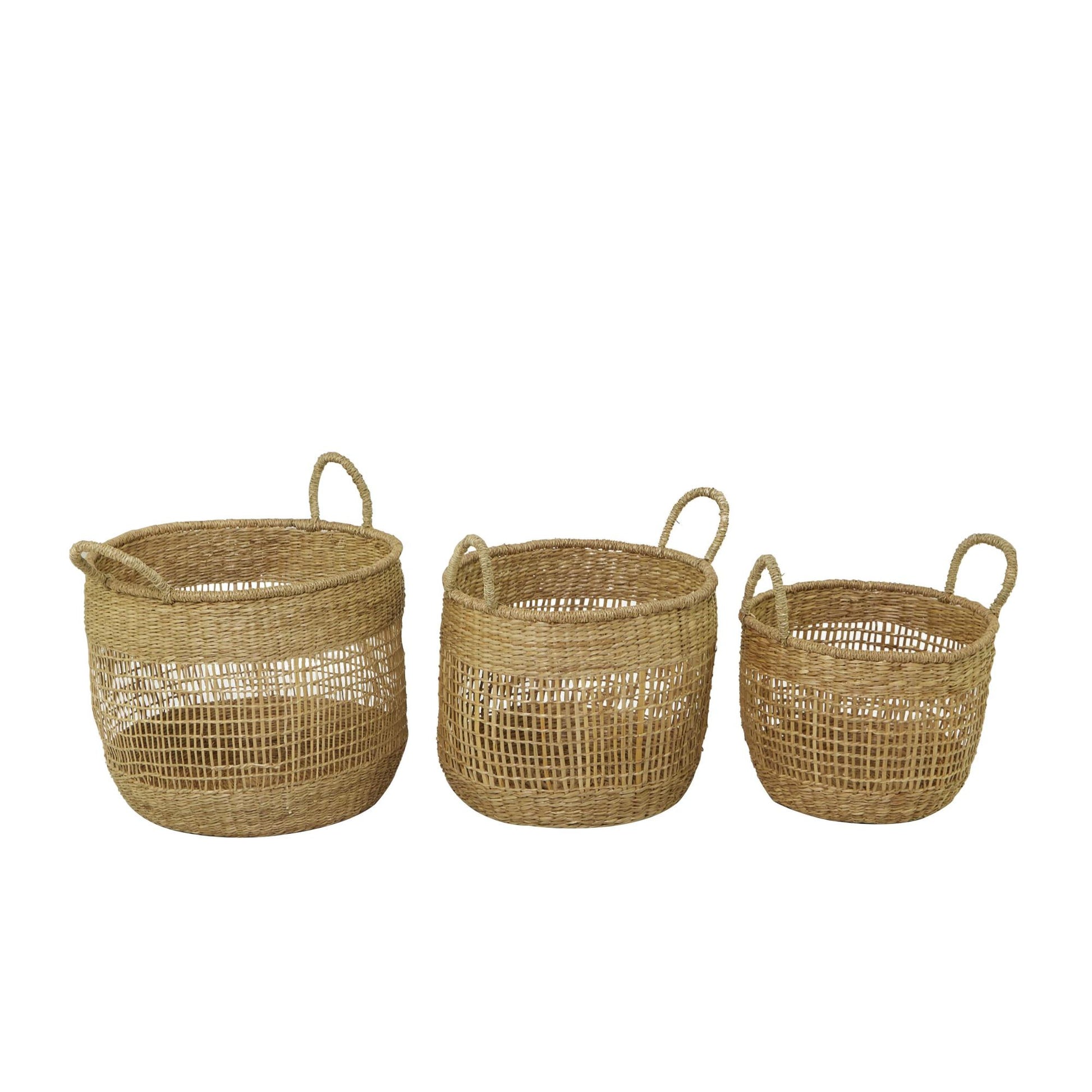 Set of 3 Brown Seagrass Handmade Decorative and Functional Storage Basket with Handles