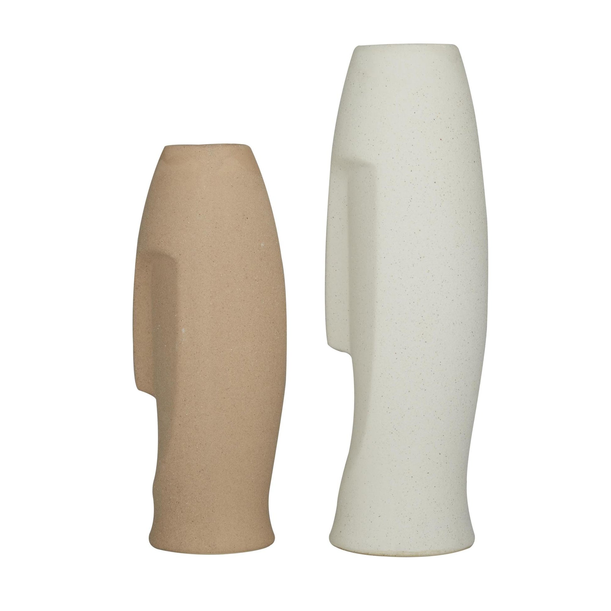 Set of 2 Tribal Beige Ceramic Easter Island Head Decorative Vase