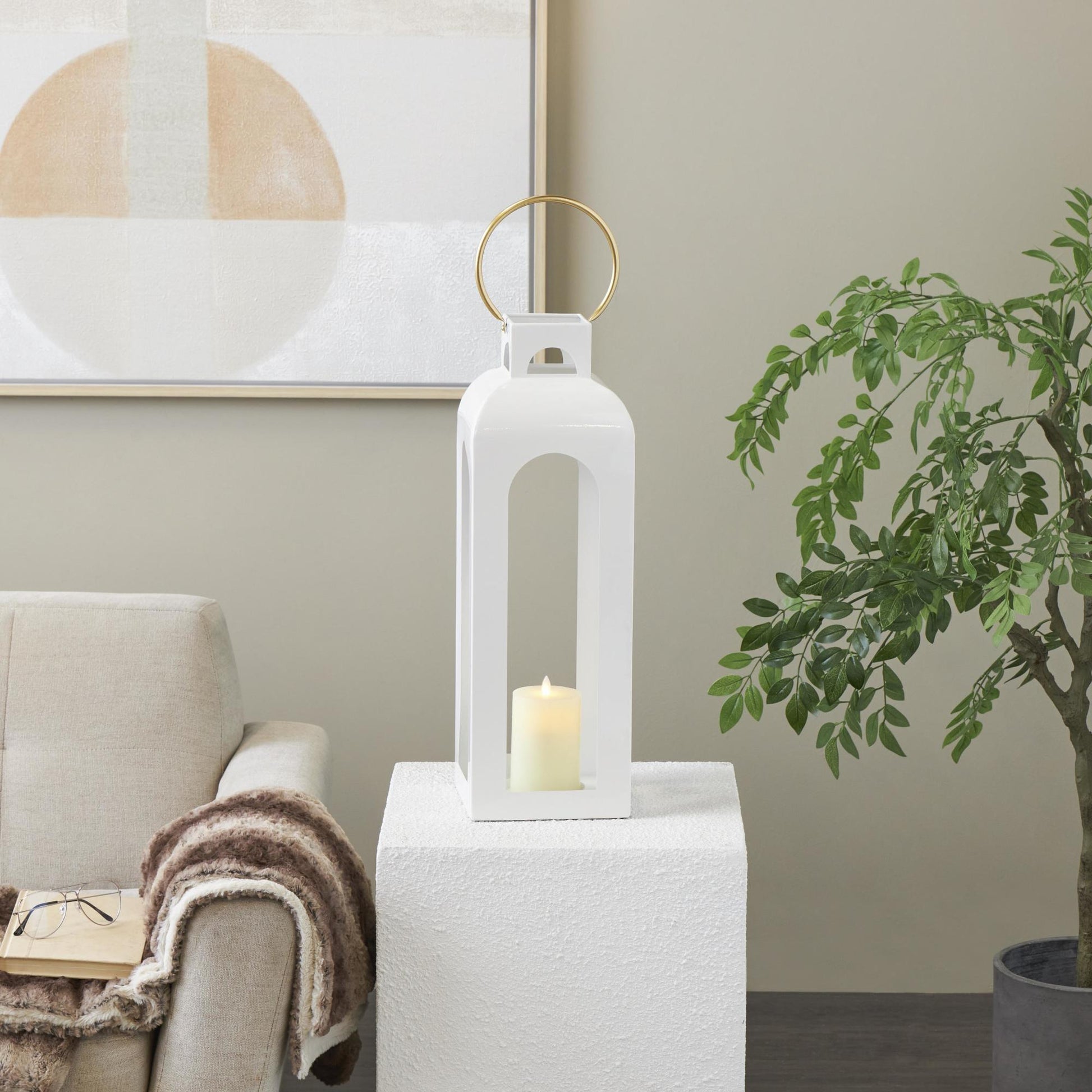 White Metal Tall Arched Cutout Indoor Outdoor Candle Lantern with Gold Handle