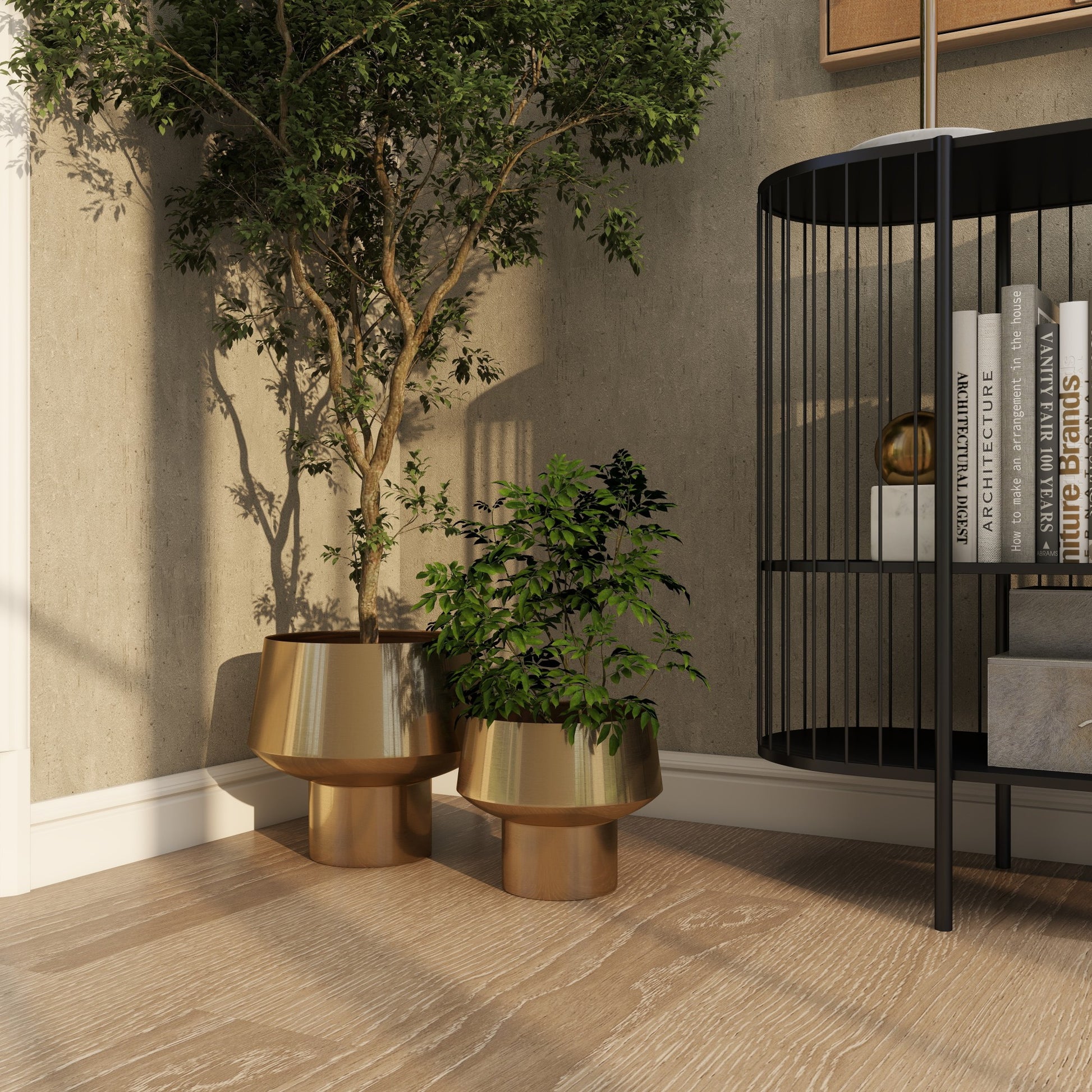 Set of 2 Gold Metal Indoor Outdoor Planter with Elevated Base