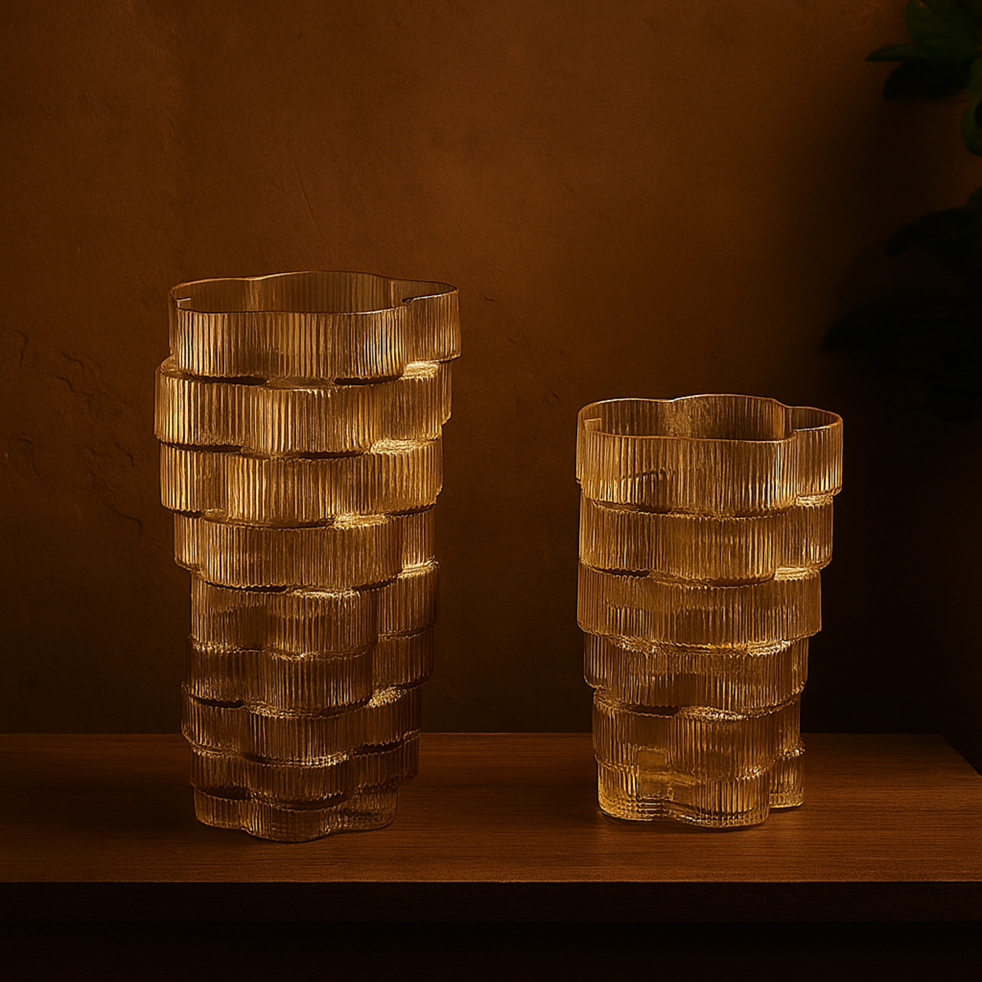 Set of 2 Floral Glass Ribbed Stacked Decorative Vase