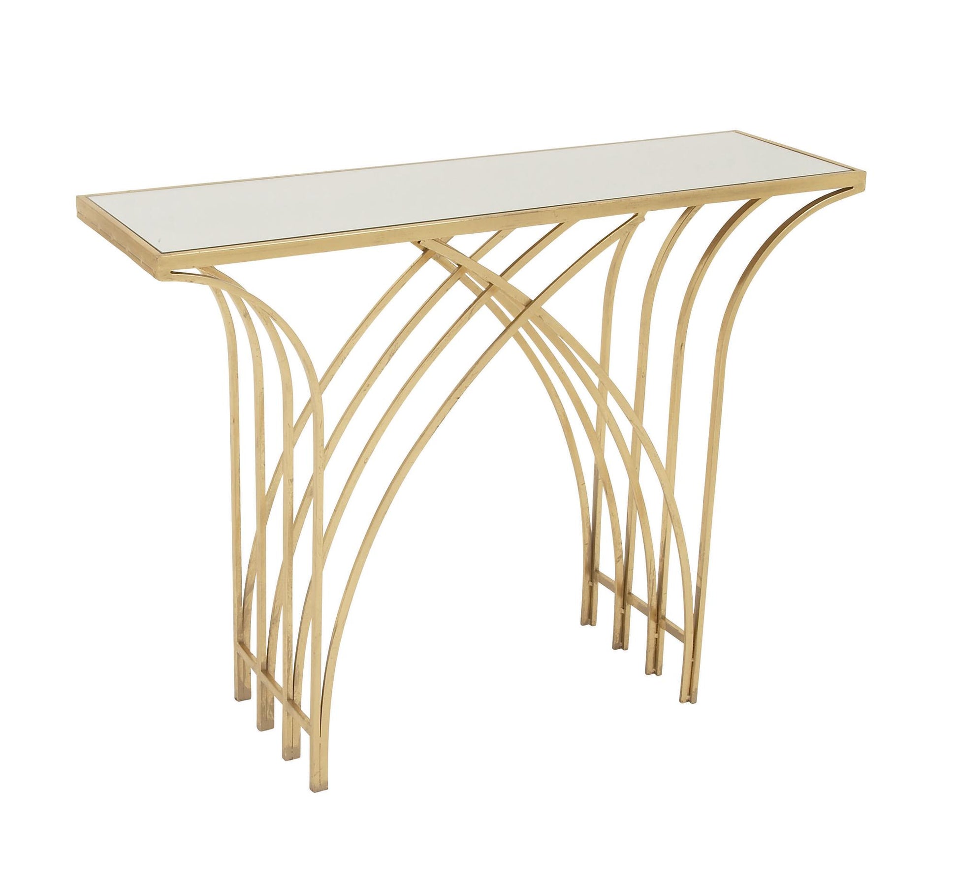Geometric Gold Metal Rectangular Living Room Console Table with Mirrored Glass Top