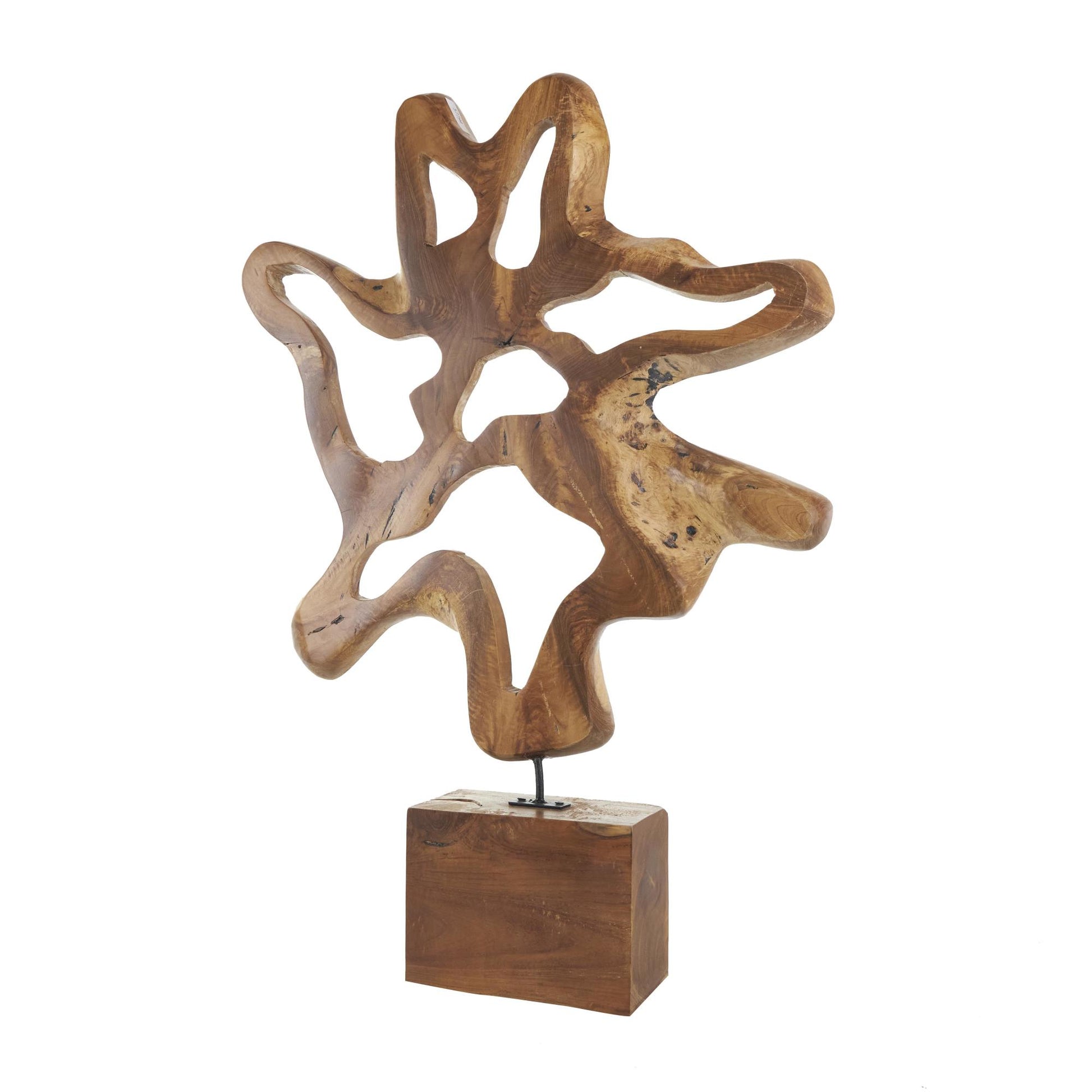 Abstract Brown Teak Wood Cutout Decorative Sculpture with Block Base