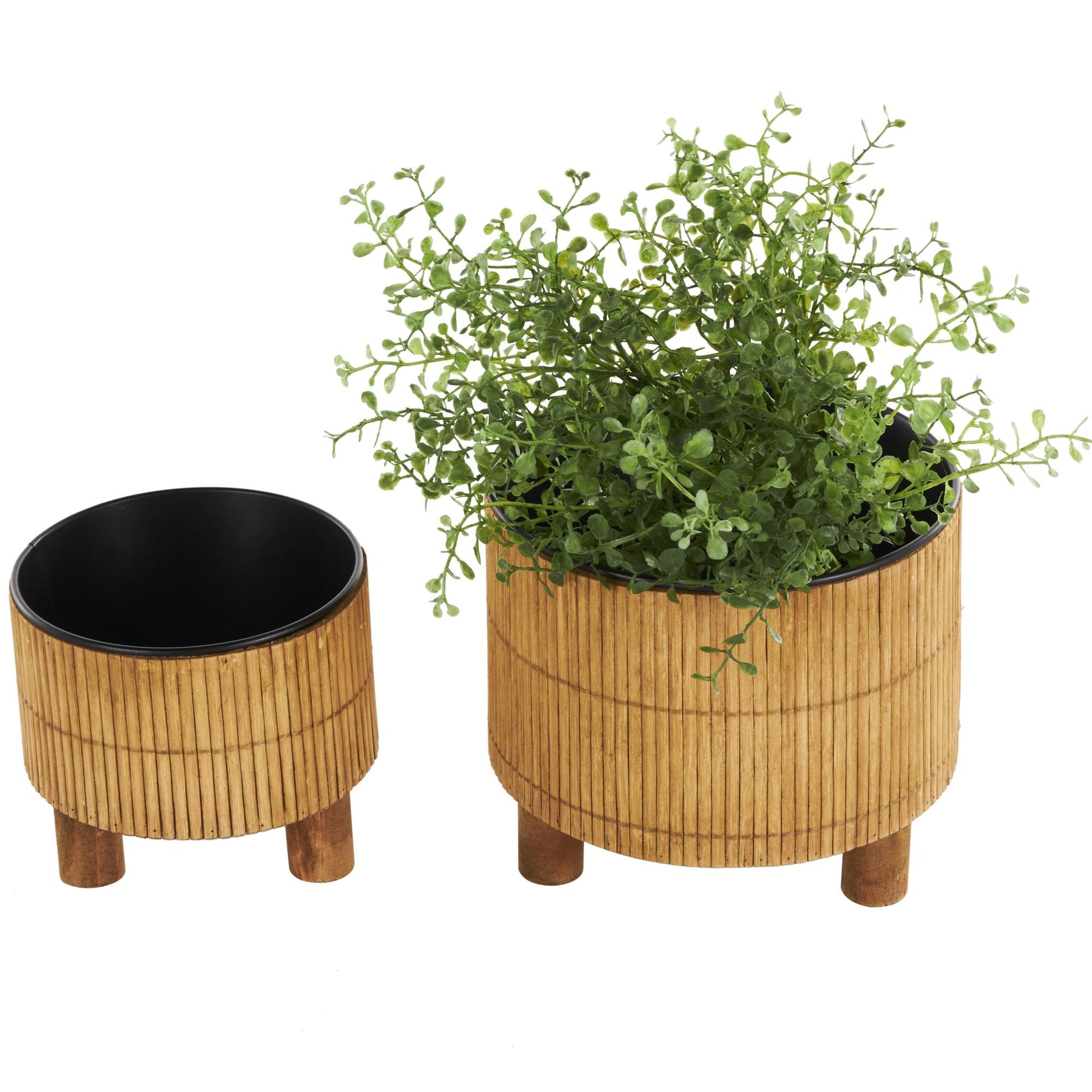 Set of 2 Brown Bamboo Wood Handmade Indoor Planter with Black Metal Interior
