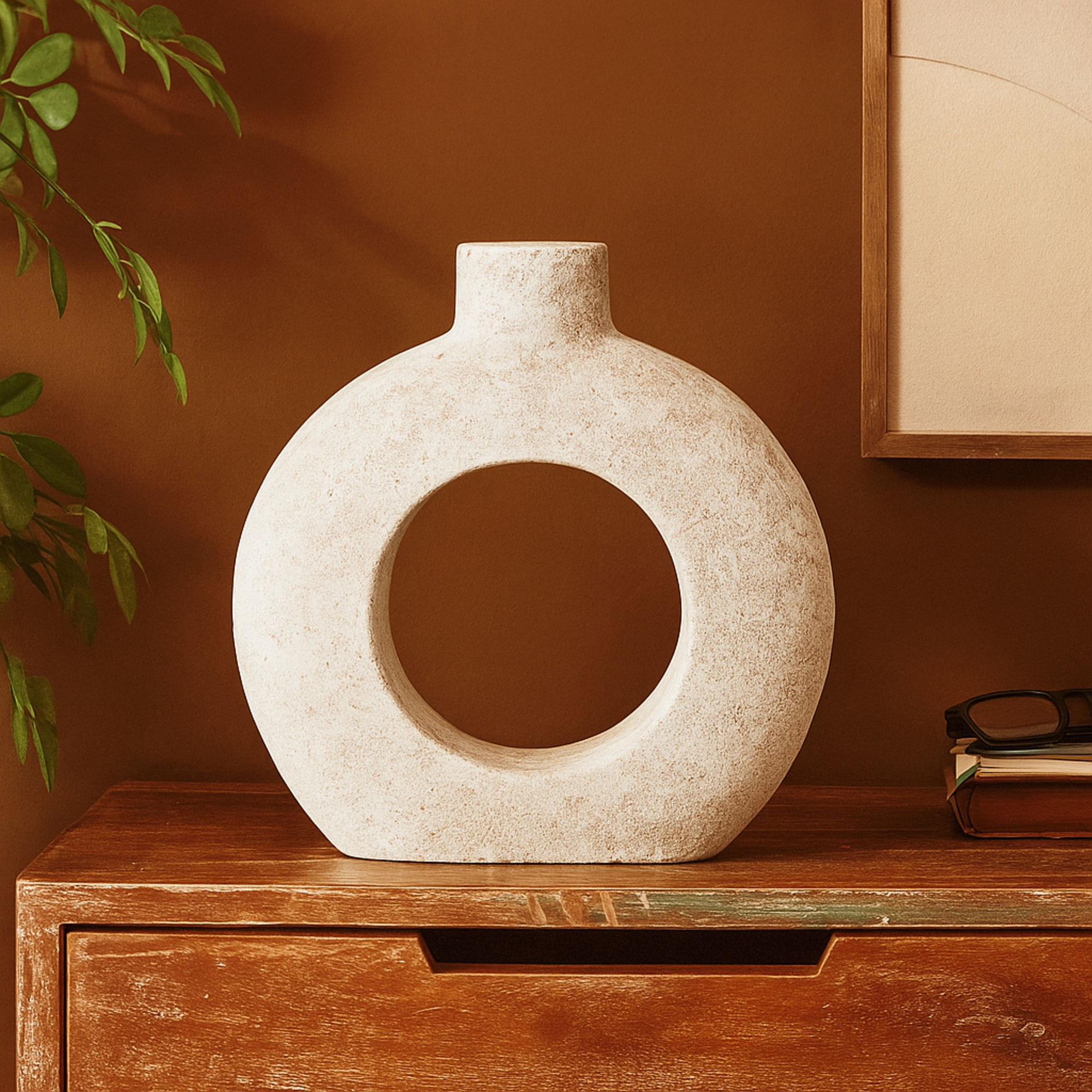 Cream Ceramic Antique Style Textured Circle Donut Decorative Vase
