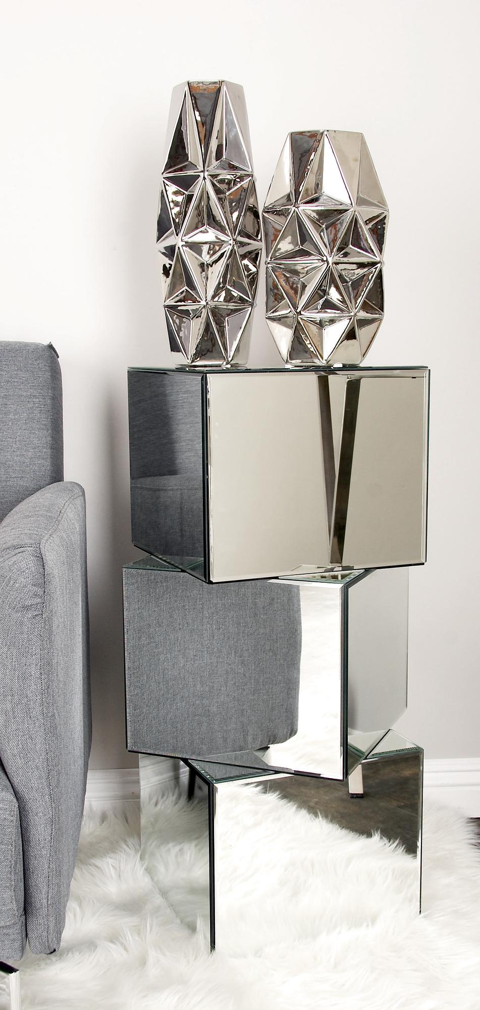 Silver Glass Mirrored Stacked Cube Side End Pedestal Table with Glass Front Panels