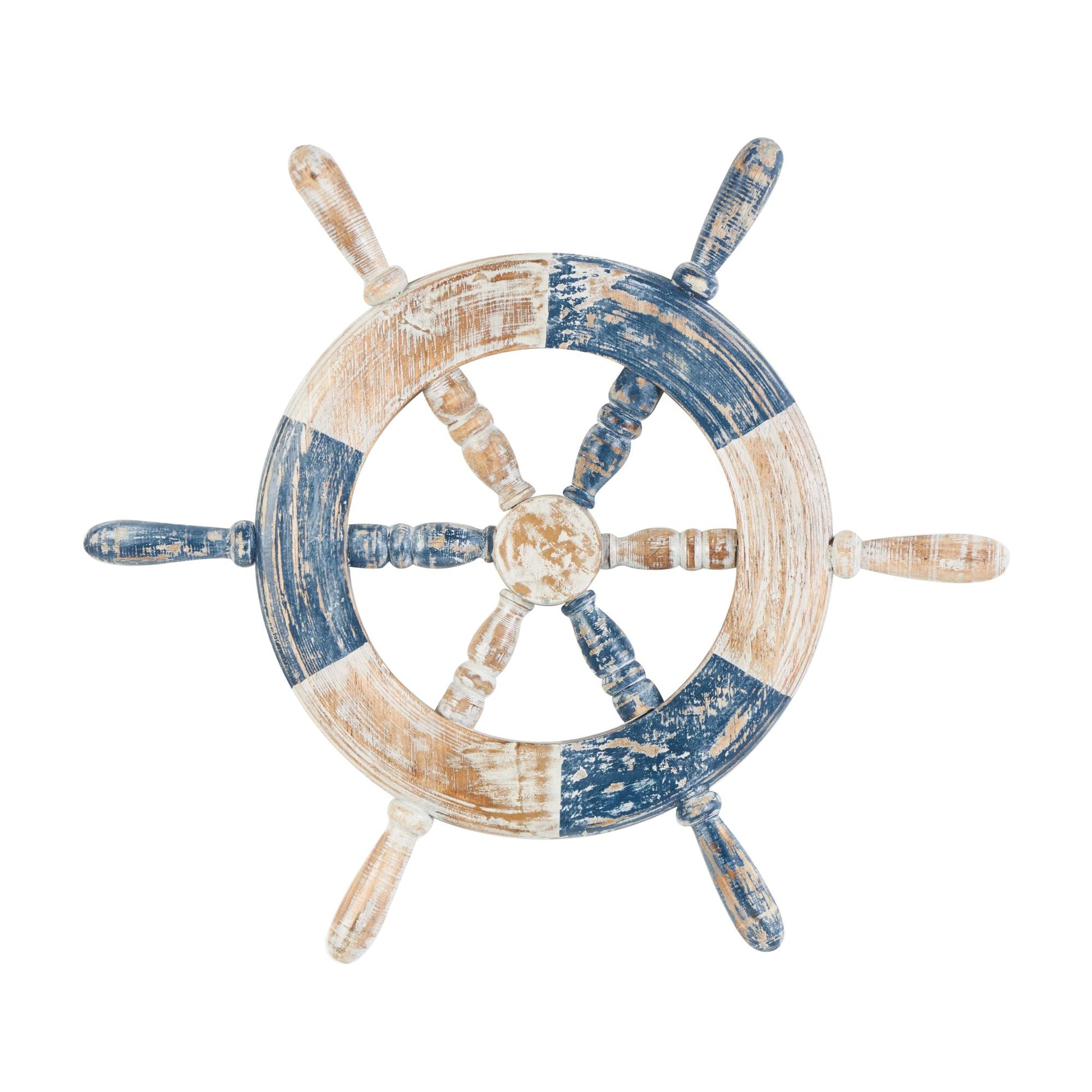 Ship Wheel Blue Wood Distressed Two-Toned Home Wall Decor with Brown Accents