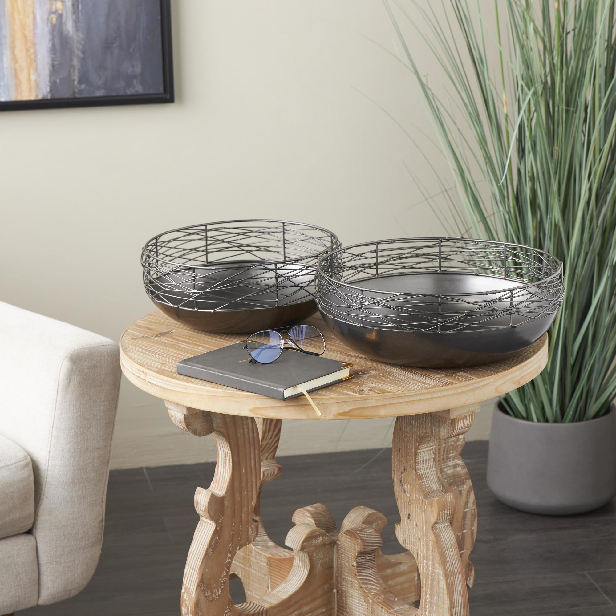 Set of 2 Abstract Black Metal Intertwined Wire Large Decorative Bowl with Solid Matte Base