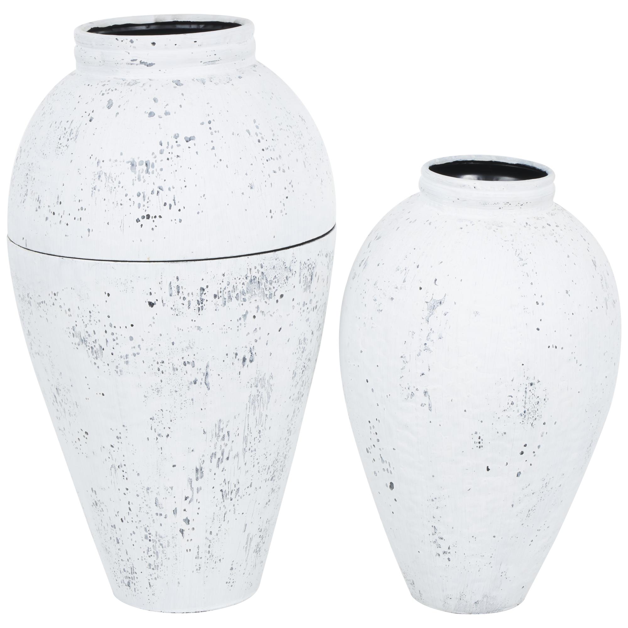 Set of 2 White Metal Tall Distressed Pot Floor Decorative Vase