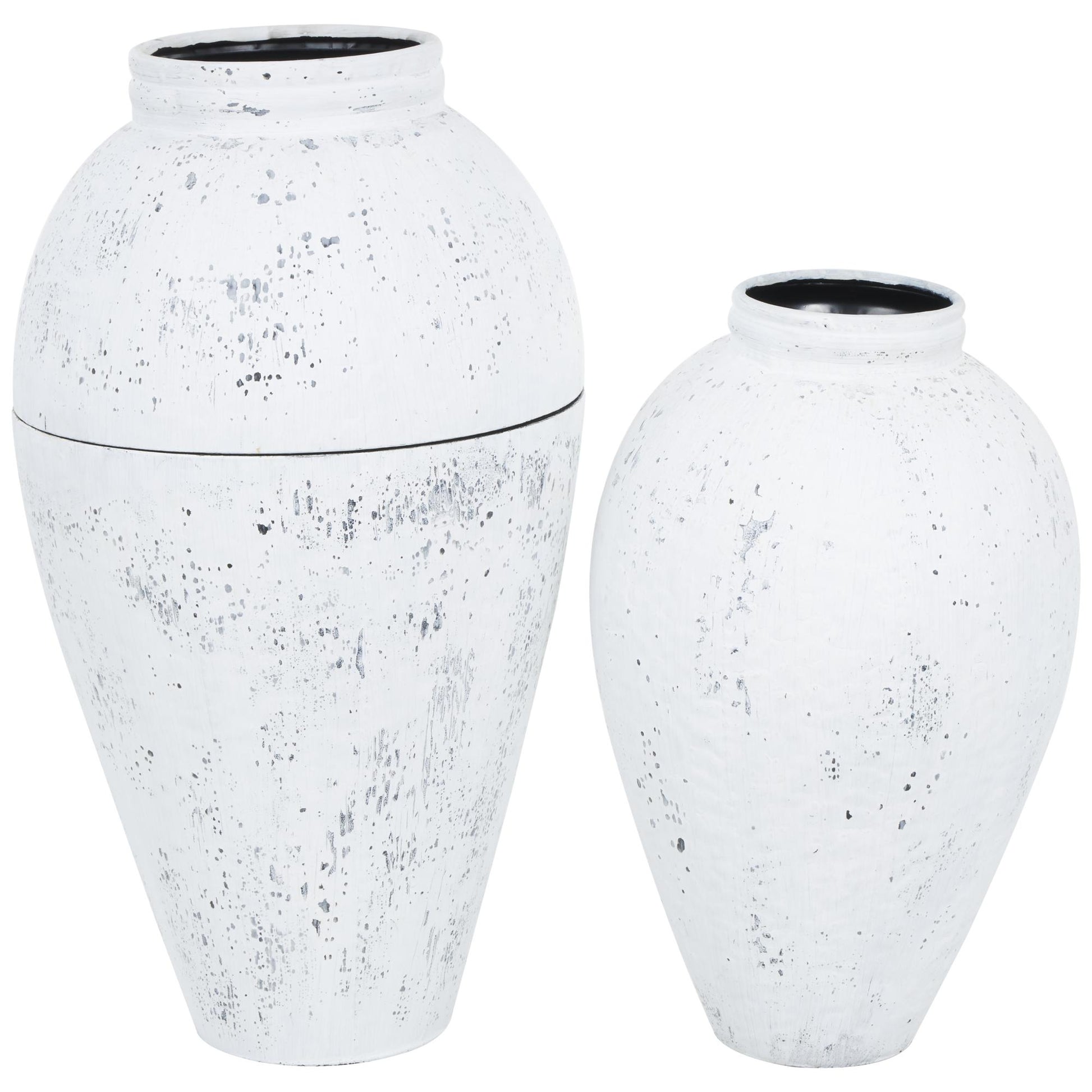 Set of 2 White Metal Tall Distressed Pot Floor Decorative Vase