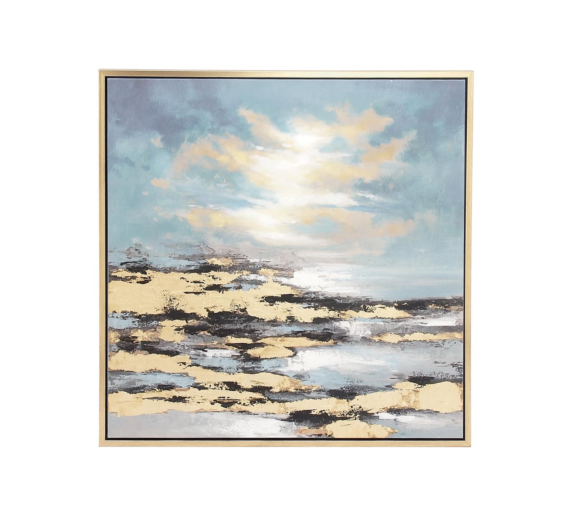 Geode Blue Canvas Landscape Living Room Framed Wall Art with Gold Frame