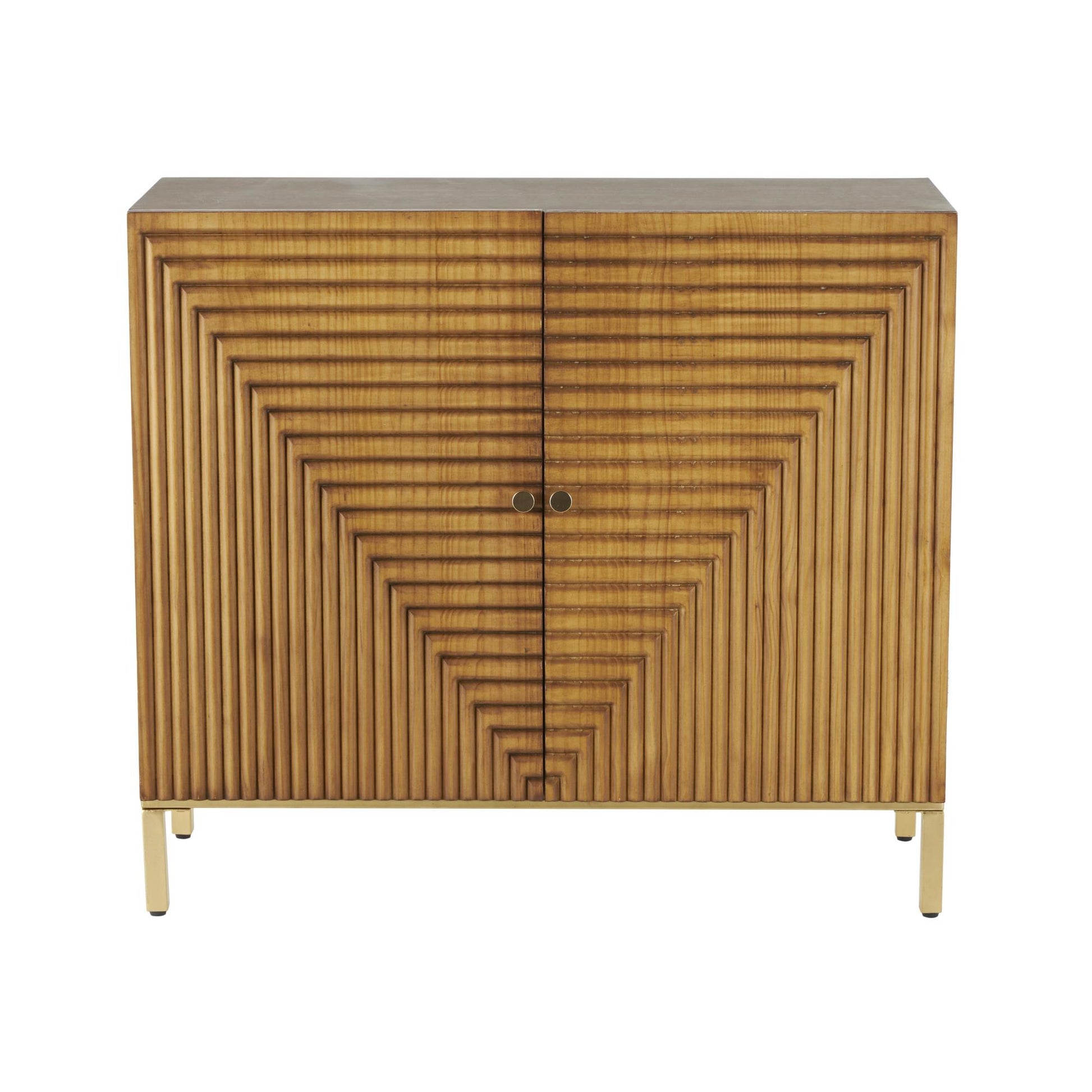 Geometric Brown Wood Carved Square Room Cabinet with Gold Accents