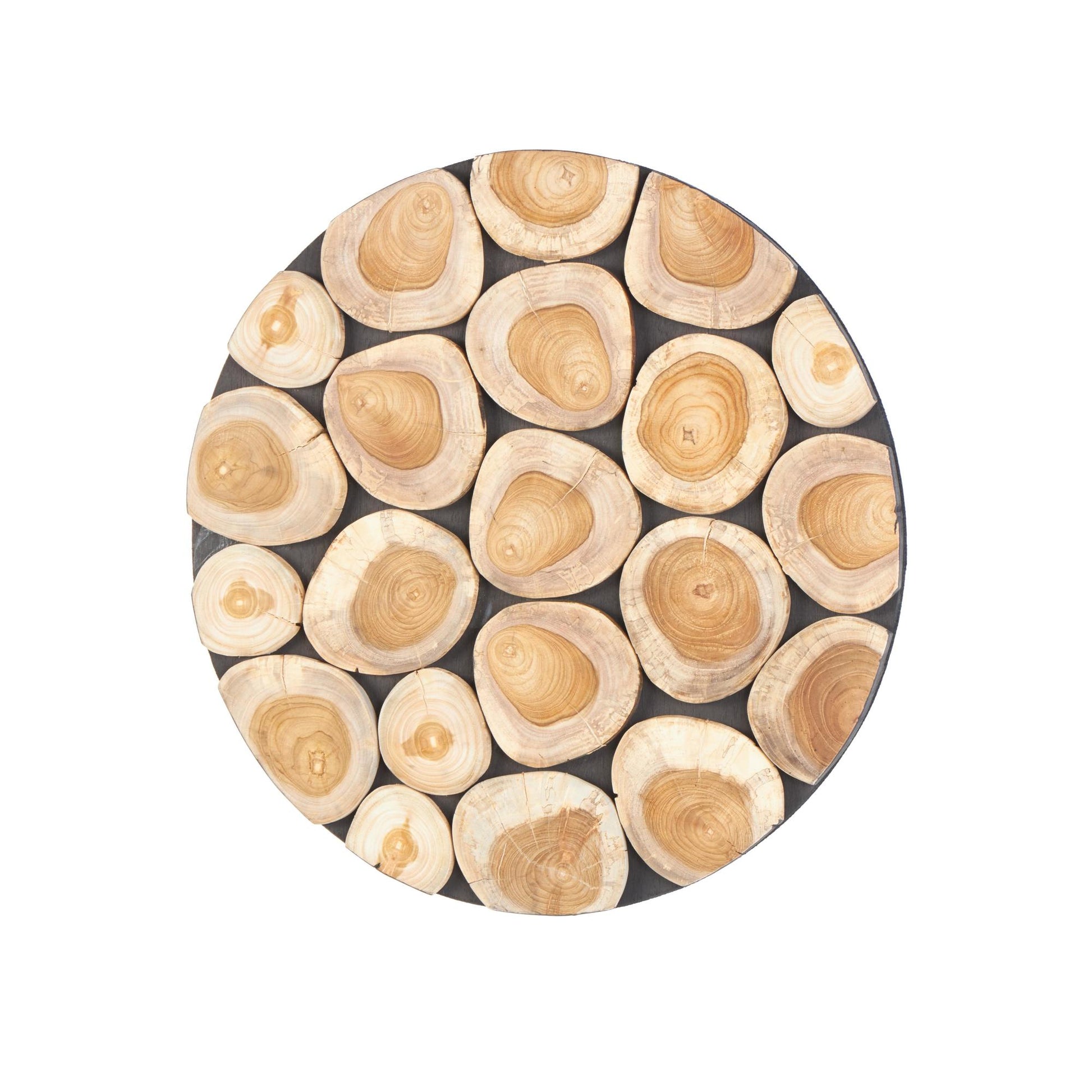 Abstract Brown Teak Wood Handmade Round Mosaic Inspired Wood Slab Home Wall Decor with Black Backing