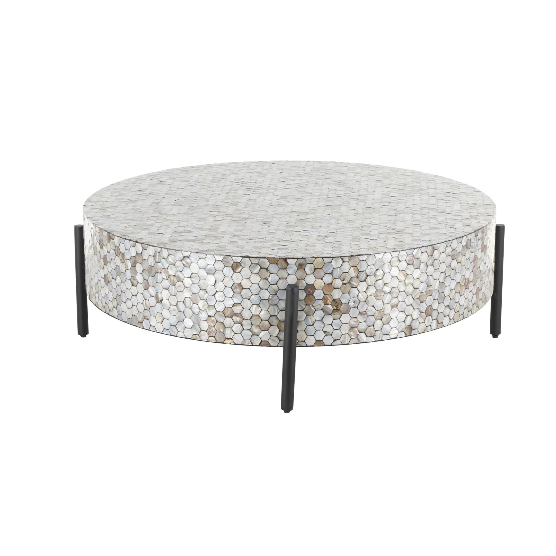 Geometric Mother of Pearl Shell Handmade Mosaic Inlay Living Room Coffee Table with Black Metal Legs 38" x 38" x 12"