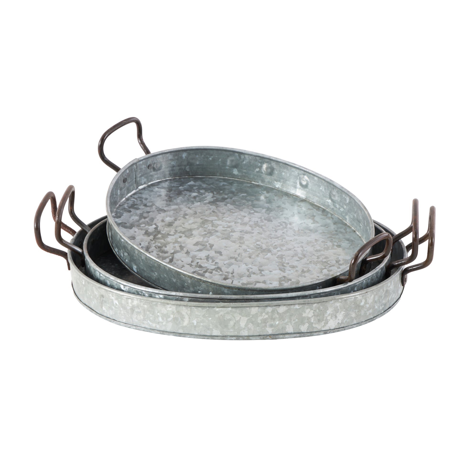 Set of 3 Gray Metal Galvanized Oval Living Room Decor Tray with Rust Handles