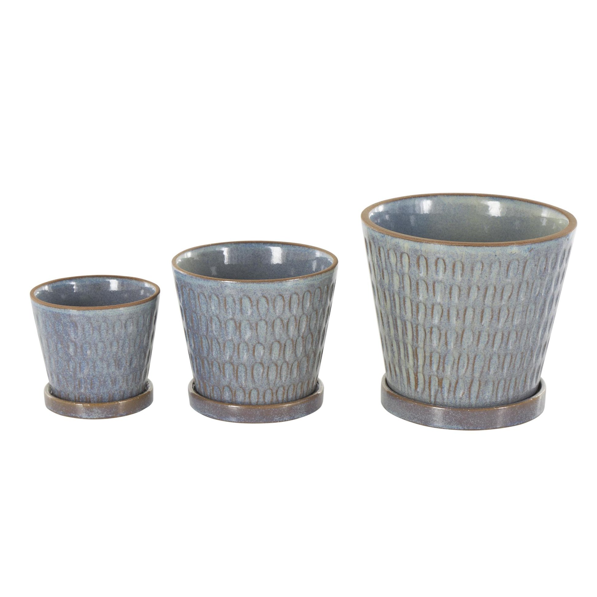 Set of 3 Geometric Blue Ceramic Oval Patterned Indoor Outdoor Planter with Brown Accents and Base Tray