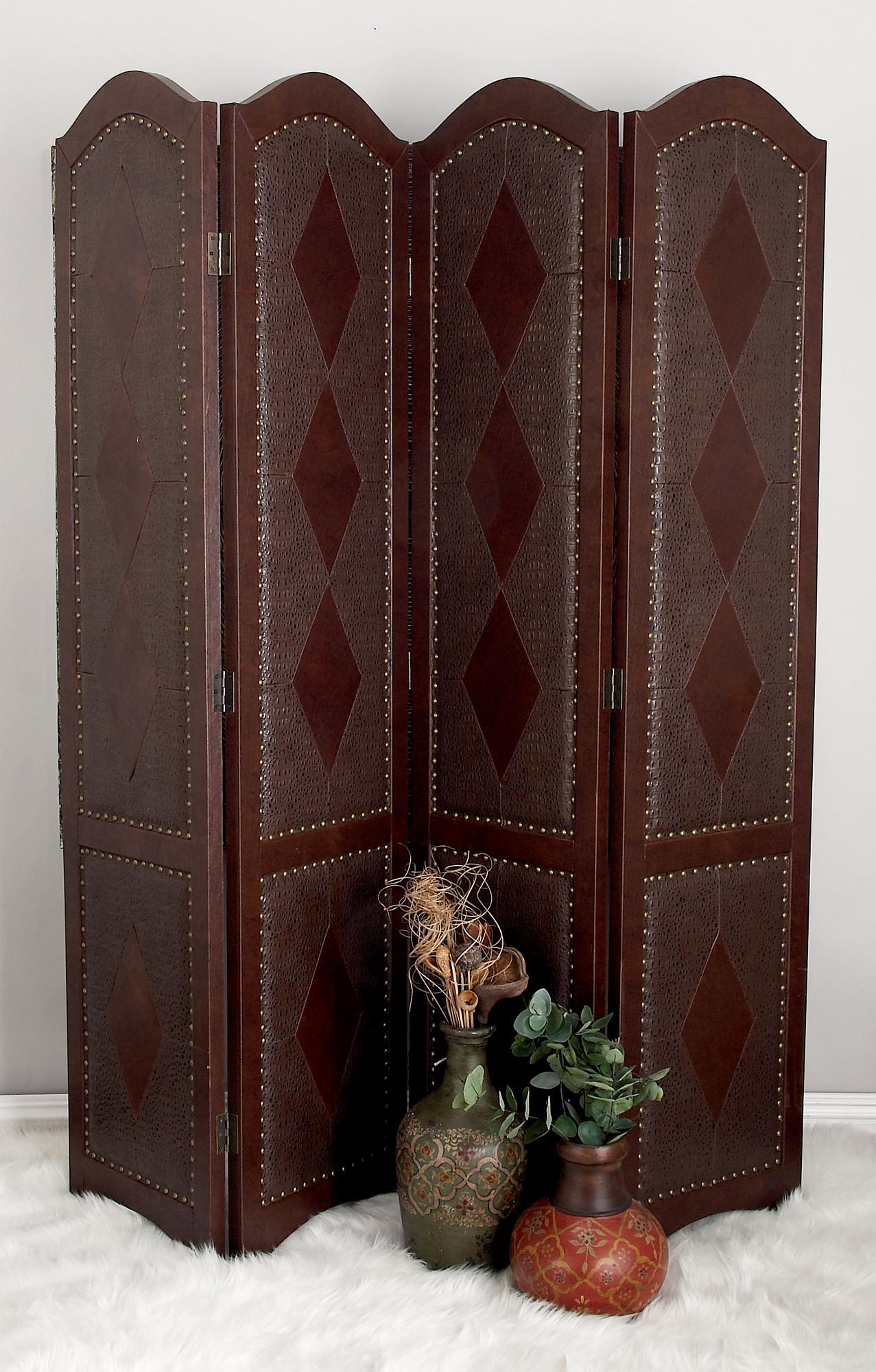 Scroll Brown Faux Leather Foldable Partition 4 Panel Partition Room Divider Screen with Faux Leather Detailing